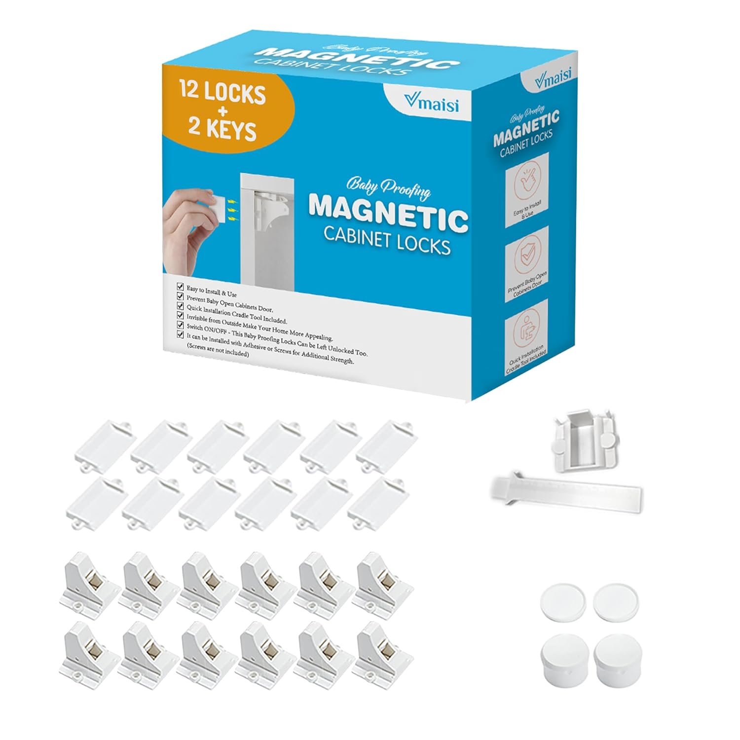 Vmaisi Adhesive Magnetic Cabinet Locks (12 Locks and 2 Keys) | Keeps dangerous things away from kids