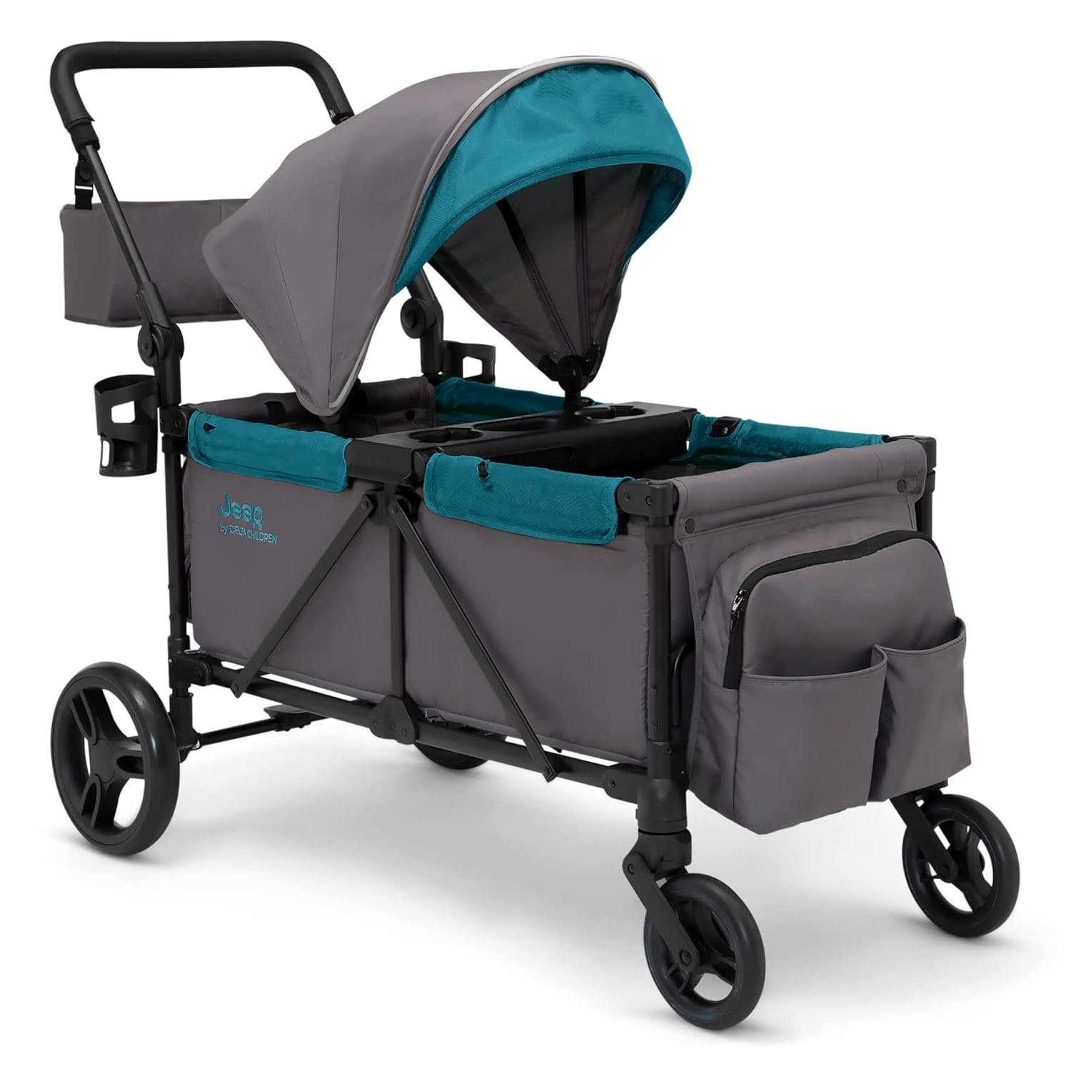 Jeep Sport All-Terrain Stroller Wagon by Delta Children – Includes Canopy, Parent Organizer, Adjustable Handlebar, Snack Tray & Cup Holders, Grey/Blue Moon