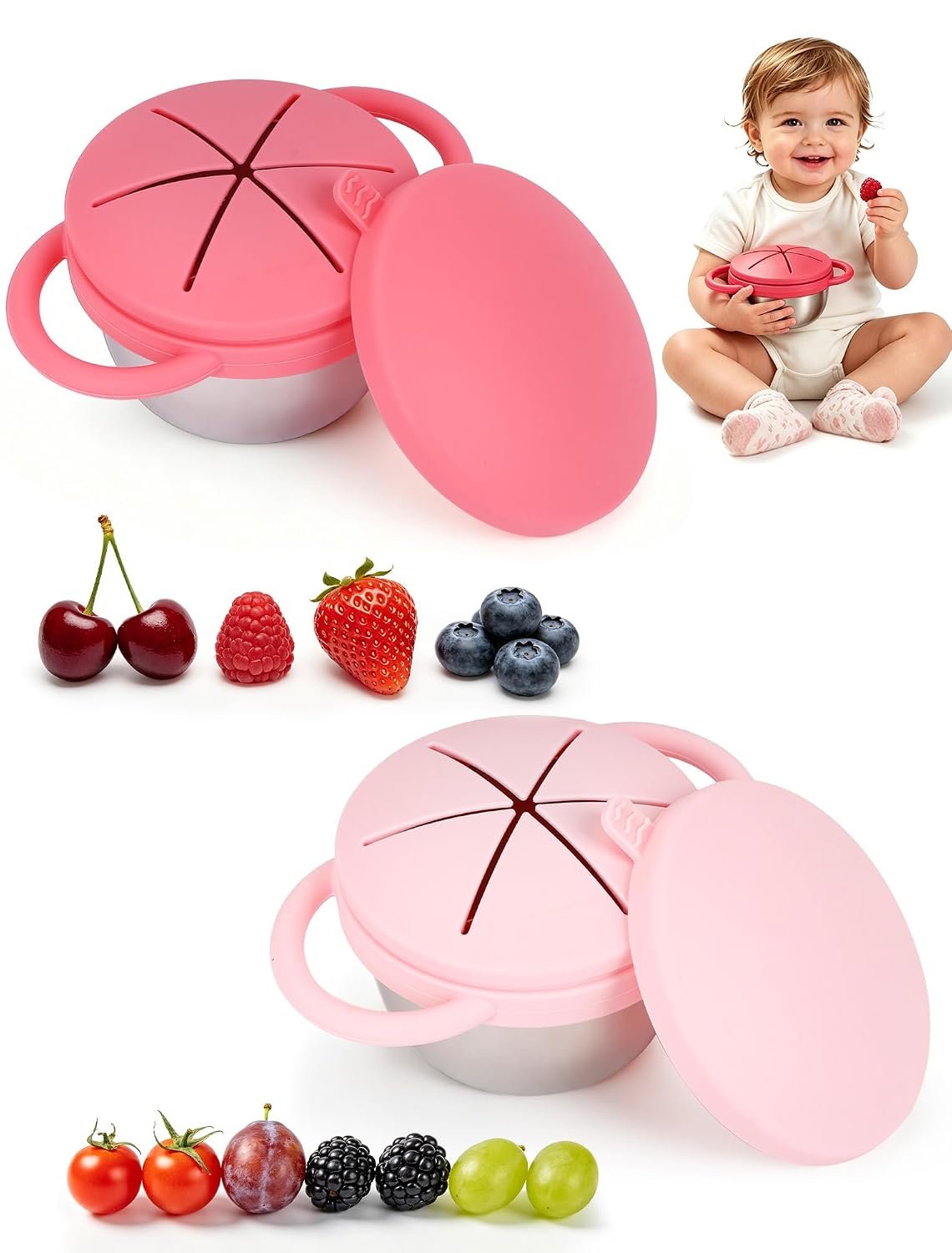 2 Pack Stainless Steel Snack Cups for Toddlers Spill Proof Baby Snack Containers, BPA Free, Dishwasher Safe, Reusable Food Storage for On the Go Travel, Daycare(Dark Pink + Light Pink)