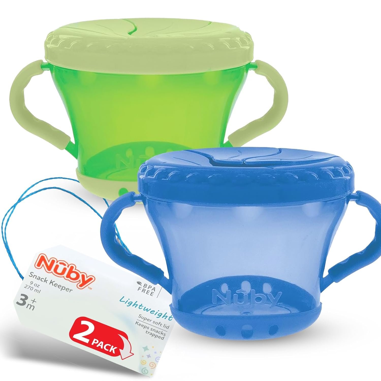 Nuby Toddler Snack Cups with Soft Flaps Lids – (2 Pack) 9 oz – Spill-Resistant Snack Containers for Kids – Portable Food Holders for Travel or Home – Blue and Green