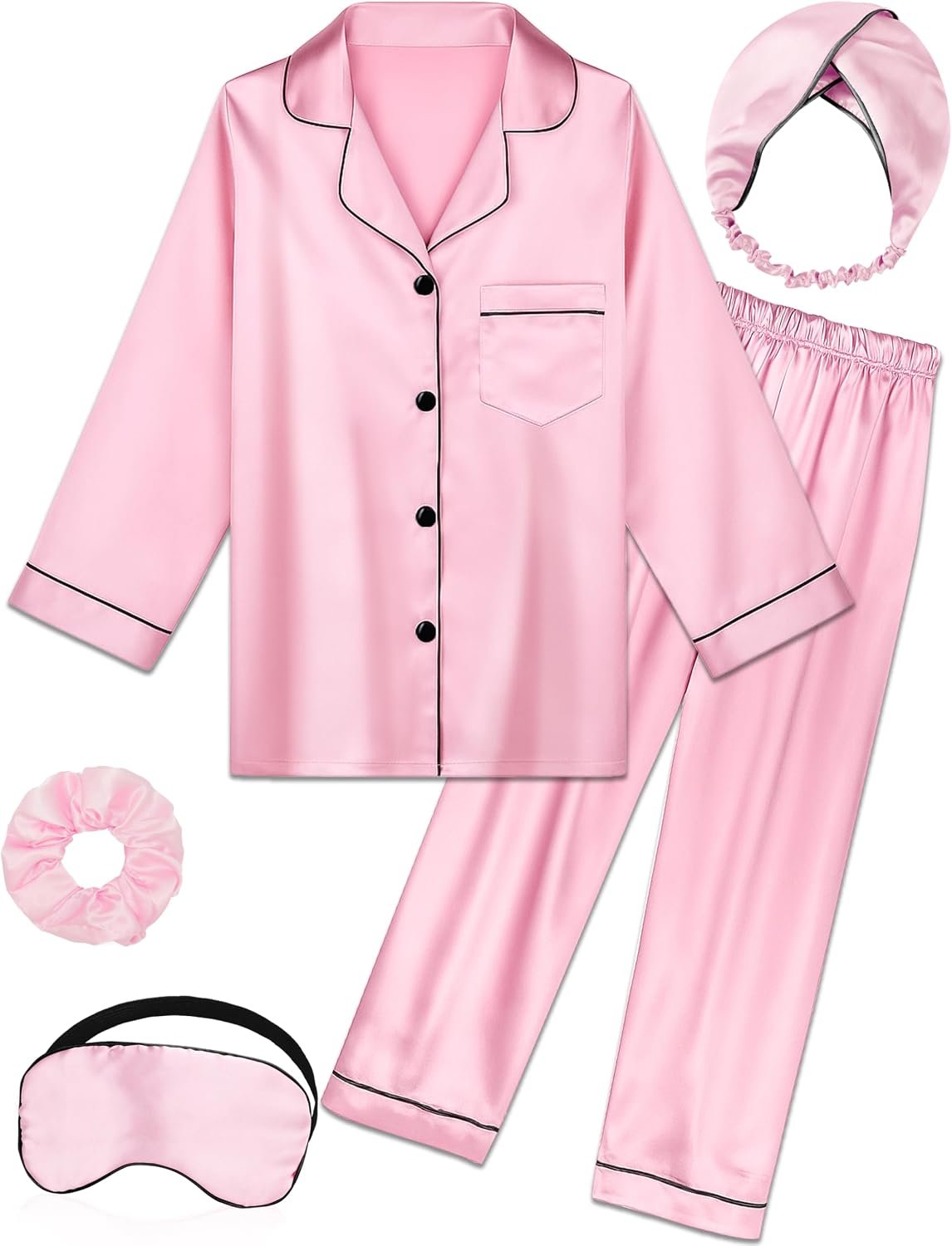 Kids Girl Pajama Set with Headband Blindfold Hair Tie Toddler Boy Girl Satin Silky Button-up Pajama Sleepwear