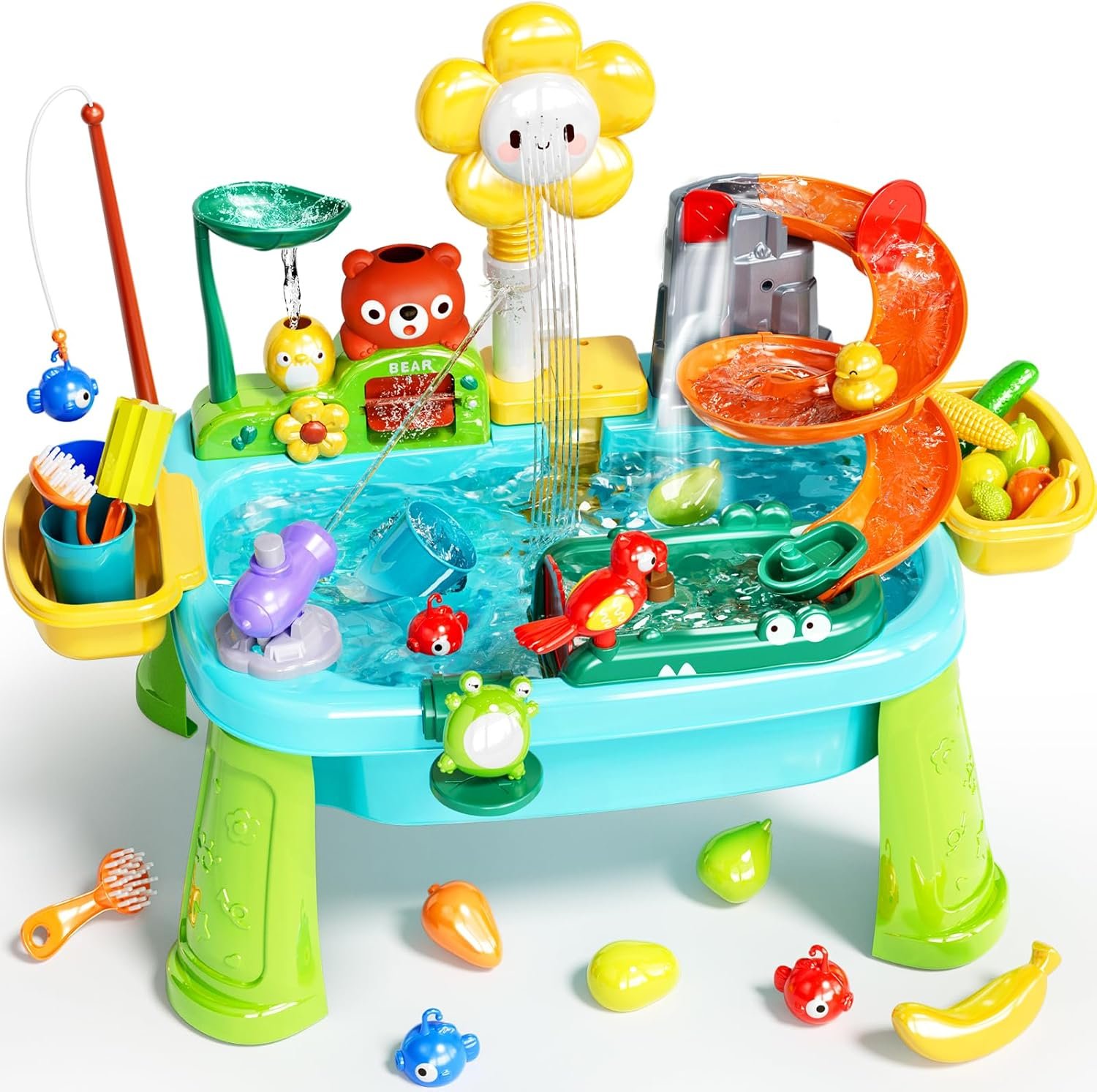 Pupu Pig Water Table Play Sink Toys for Toddlers, Kids Play Kitchen Sink with Running Water, 360° Electric Faucet, Floating Fishing Game, Sensory Water Table Toys for Boys Girls Summer Gifts