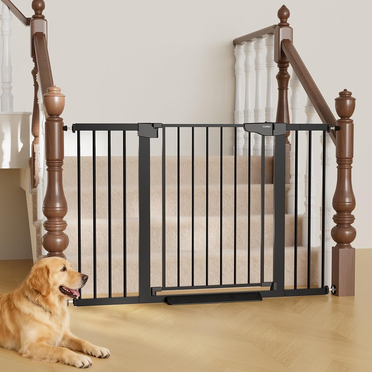 Cumbor 29.7–51.5″ Extra Wide Baby Gate for Stairs, Pressure-Mounted Dog Gates for Doorways & Hallways, Auto-Close Walk-Through, No-Trip Design, Child Proof Safety, Dog/Pet Gate for Indoor Use, Black