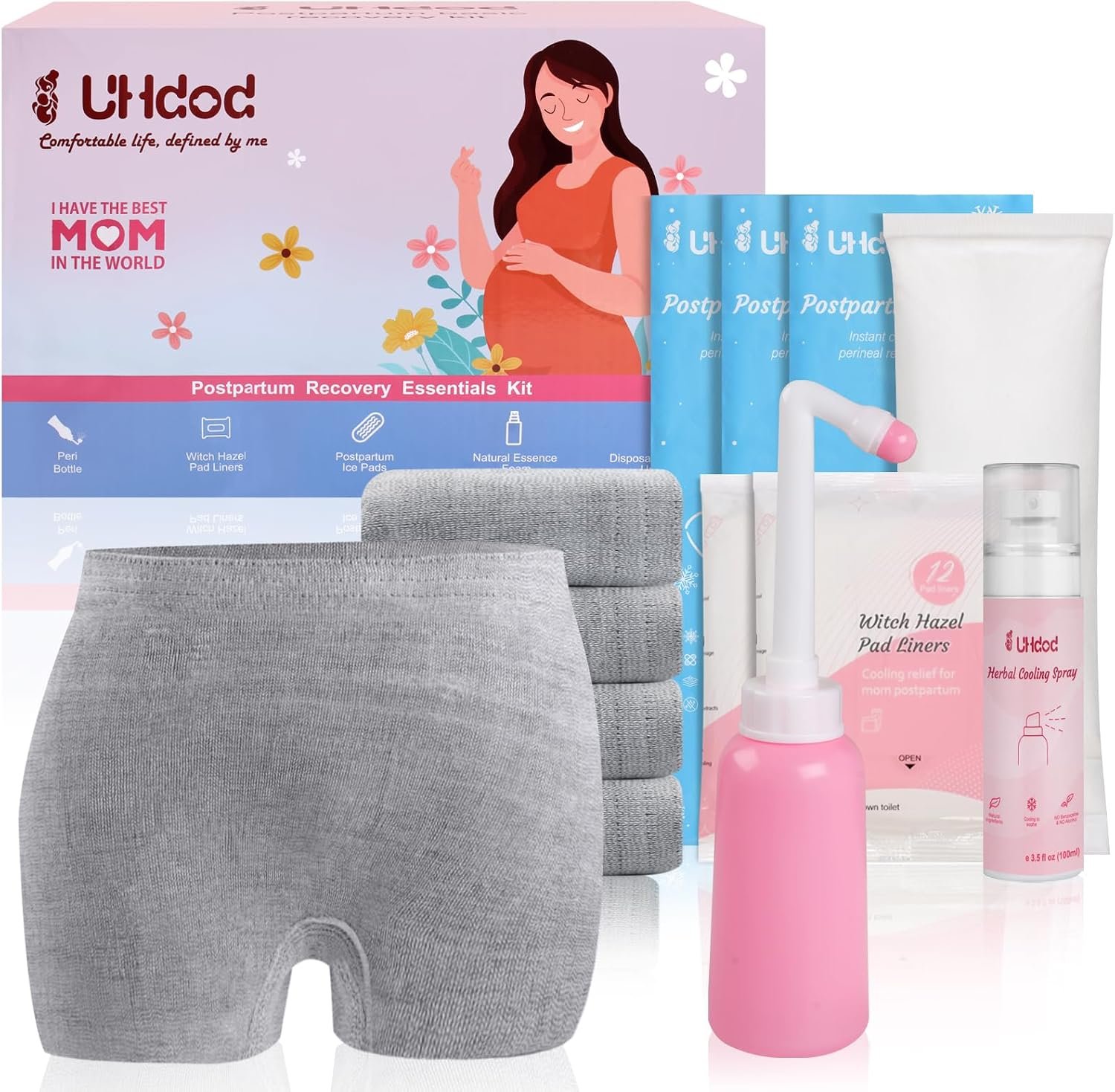 UHdod Postpartum Essentials Recovery Kit for Labor Delivery, Postpartum kit Gift Set for New Mom Includes Disposable Postpartum Underwear, Instant Ice Pads, Cooling Spray, Soothing Liners, Peri Bottle