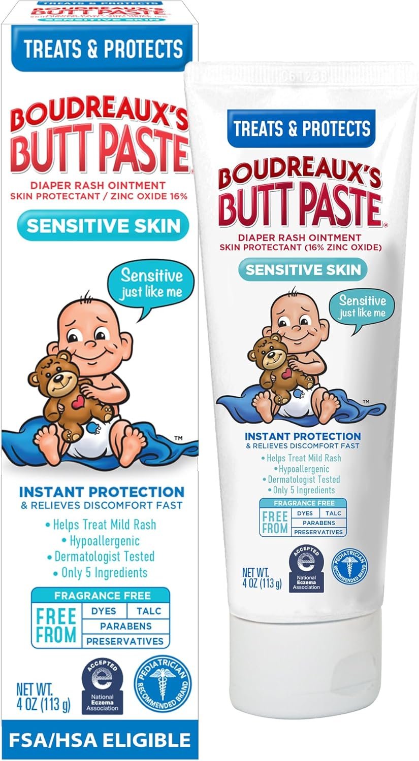 Boudreaux’s Butt Paste Zinc Oxide Diaper Rash Cream, Hypoallergenic for Sensitive Skin, 4 Oz Tube