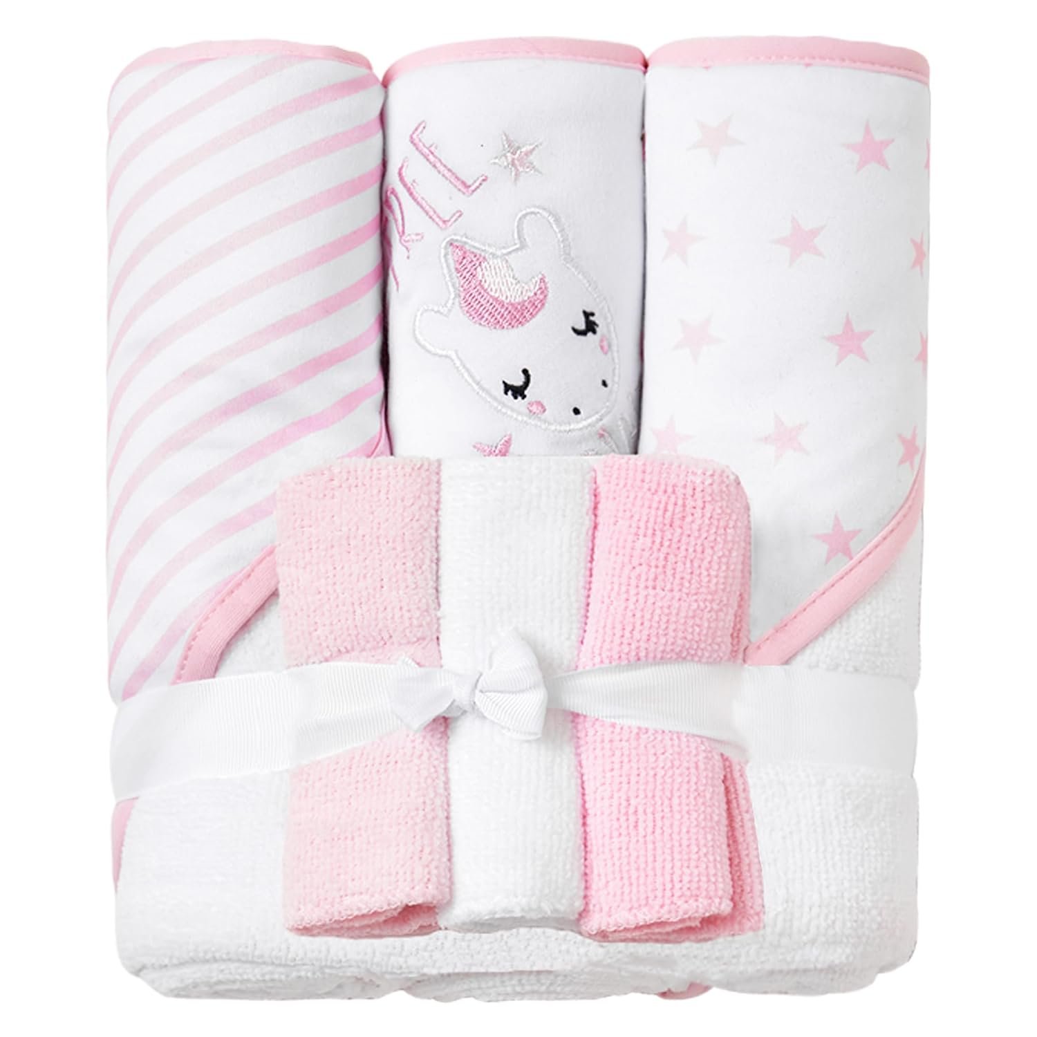 Viviland Baby Towels and Wash Cloths Set – Hooded Towels, Face Towels, Burp Cloths or Wipes – Absorbent Bath Towels – 6-Pack, Size 28 x 28 Inch (Pink Unicorn)