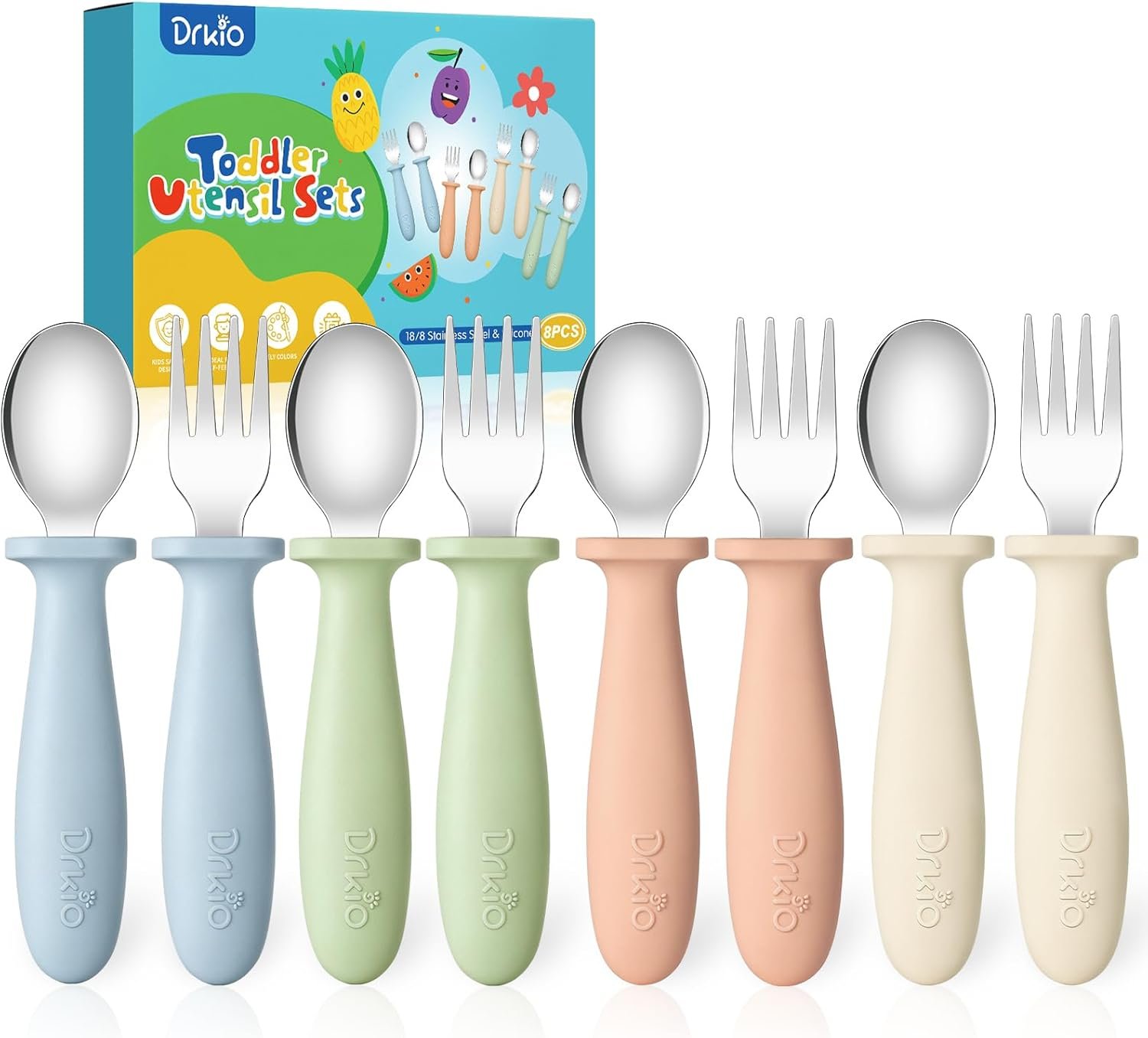 DRKIO 8 Pieces Toddler Utensils Set – Kids Silverware Set with Silicone Handle Children Safe 18/8 Stainless Steel Forks and Spoons Anti-Choke Design Food Grade Dishwasher Safe