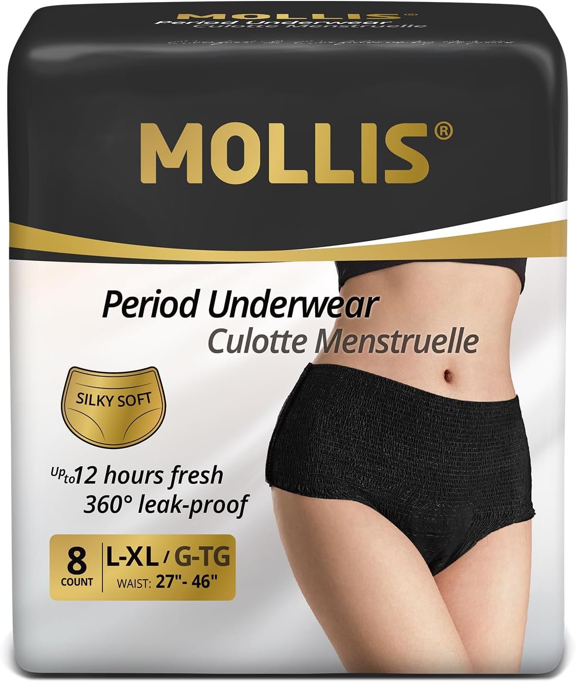 MOLLIS Disposable Period Underwear for Women, Postpartum Panties, Maternity Knickers Heavy Flow Leak Proof, Black, Large/X-Large, 8 Count