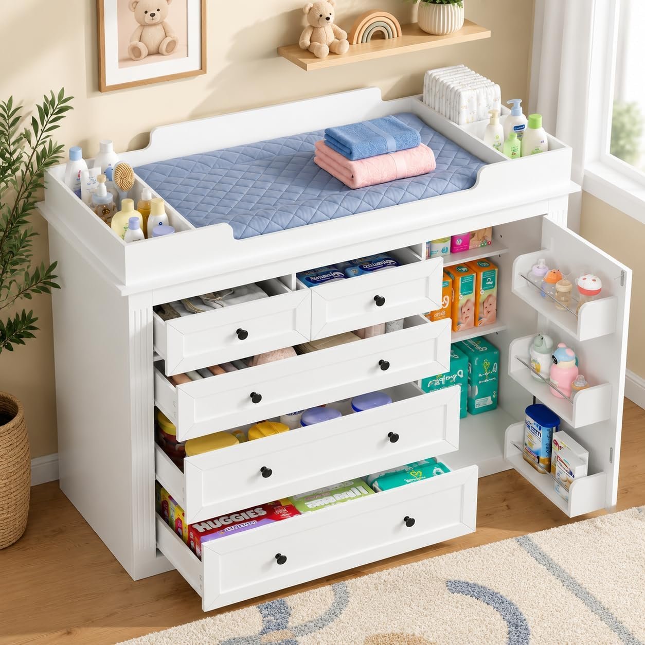 Loomie Baby Nursery Dresser, White Bedroom Dresser with Large Change Table, Kids Dresser with 5 Drawers and Adjustable Shelf, Baby Changing Table for Nursery, Children’s Room, Bedroom (White)
