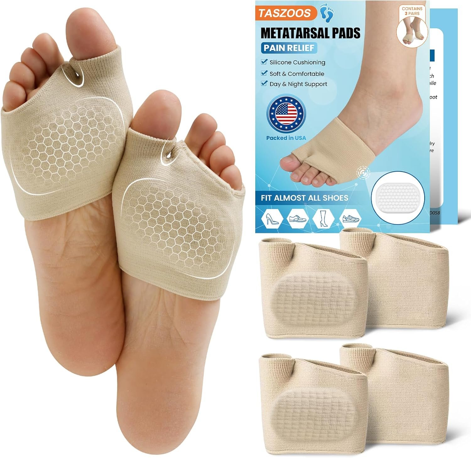 Metatarsal Pads for Women & Men – 4Pcs Thicker Ball of Foot Cushions with Gel for Pain Relief, Metatarsalgia, Morton’s Neuroma – Foot Pads for Walking, Standing, Running – (Large, Beige)