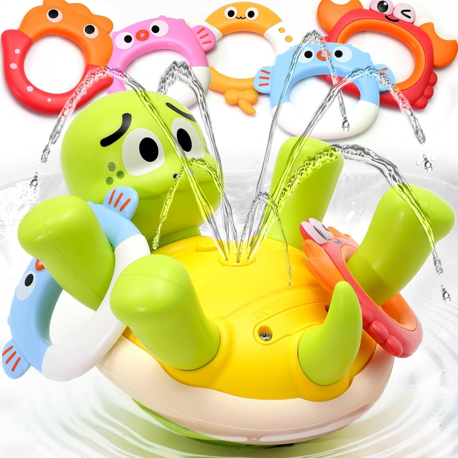 Sizobi Baby Bath Toys, Rechargeable Turtle Bath Toy Sprinkler for Toddler with 5 Rings, Bathtub Fountain Spray Toy,Pool Water Bath Toys for Kids Ages 1-3, Boys Outdoor Water Table Toy Birthday Gifts