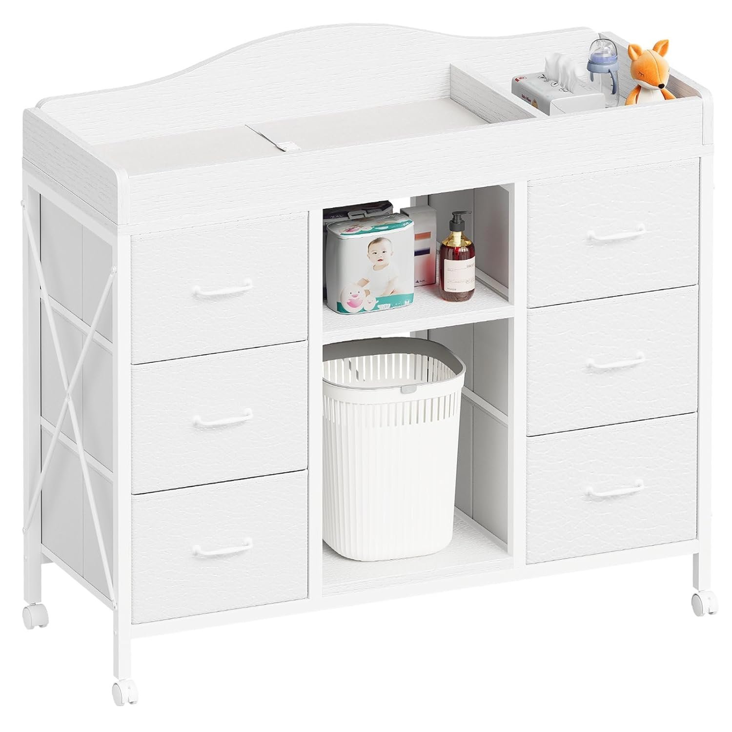 Yetom Changing Table, 6-Drawer Baby Dresser with Changing Table top, Waterproof Diaper Changing Station & Pad, 2 Height-Adjustable Open Storage Shelves, Mobile Nursery Organizer, White