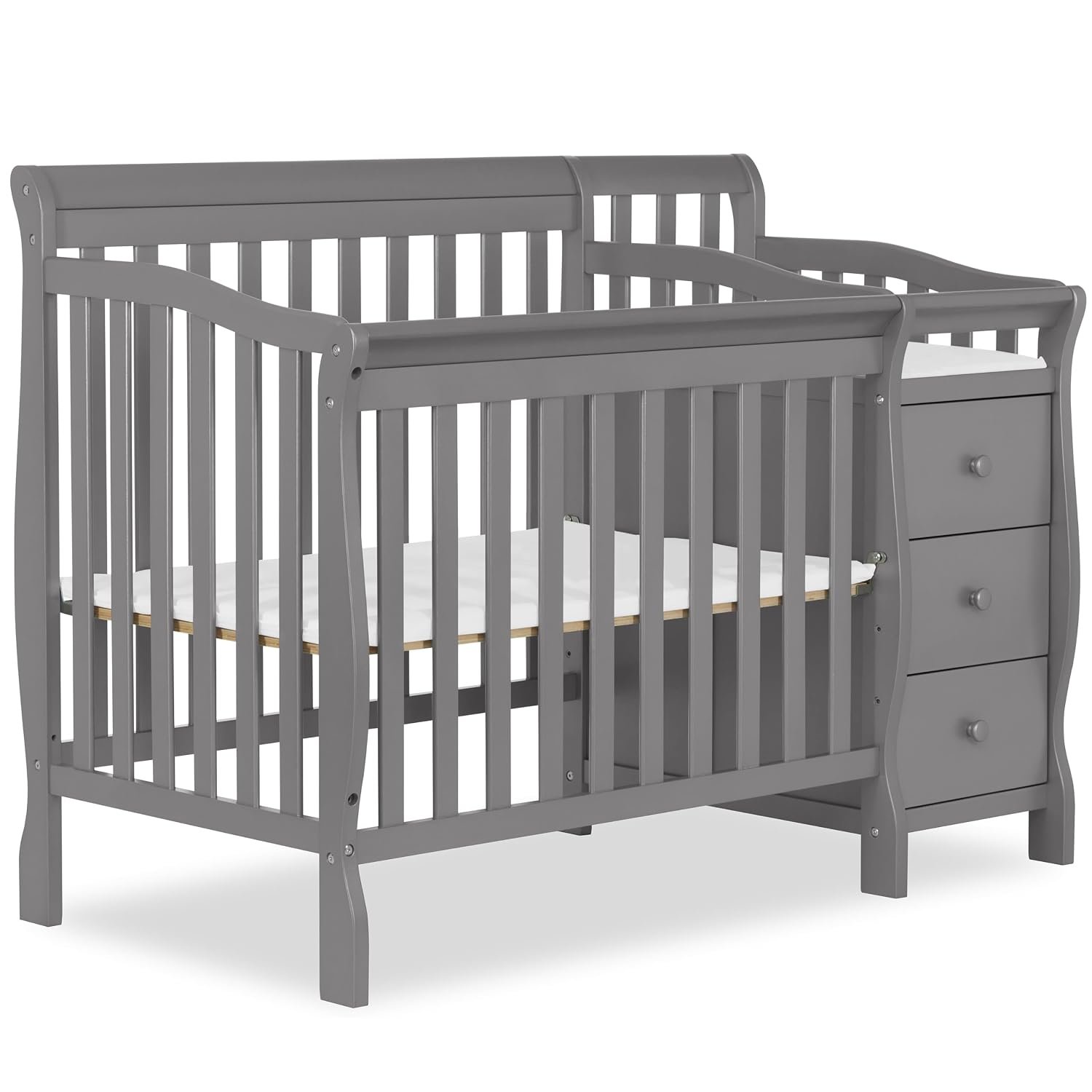 Dream On Me Jayden 4‑in‑1 Mini Convertible Baby Crib & Changer with Storage, Steel Grey, Pinewood, GreenGuard Gold & JPMA, 1” Mattress Pad, 3 Mattress Heights, Converts to Mini Day & Twin-Size Bed