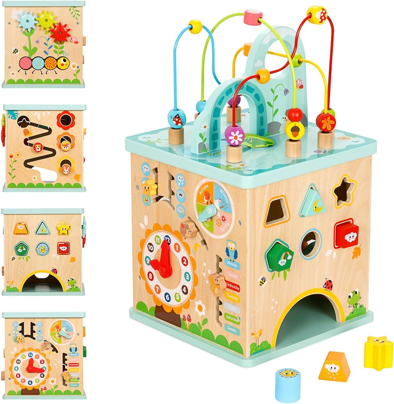 OOOK All-in-one Activity Center, 5 in 1 Baby Activity Table with Gear Game, Kids Sensory Table Play Cube with Montessori Calendar, Bead Maze, Shape Sorter, Ball Drop and More
