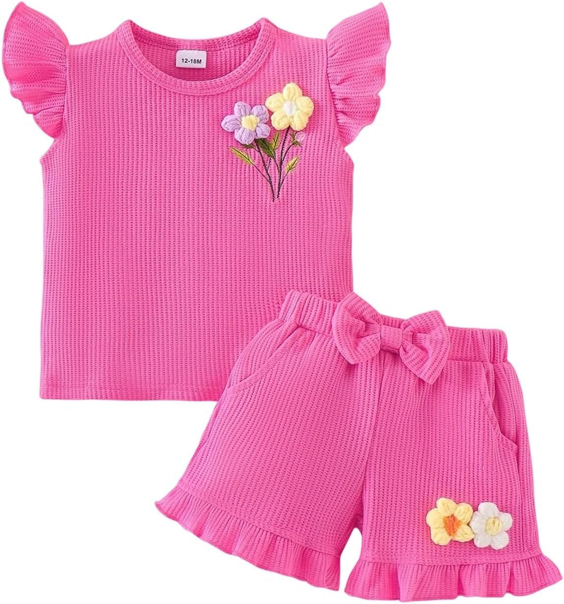 Toddler Baby Girl Clothes Summer Outfits Flutter Sleeve Flower Embroidered Tops and Shorts Set 12 Months – 5 Years