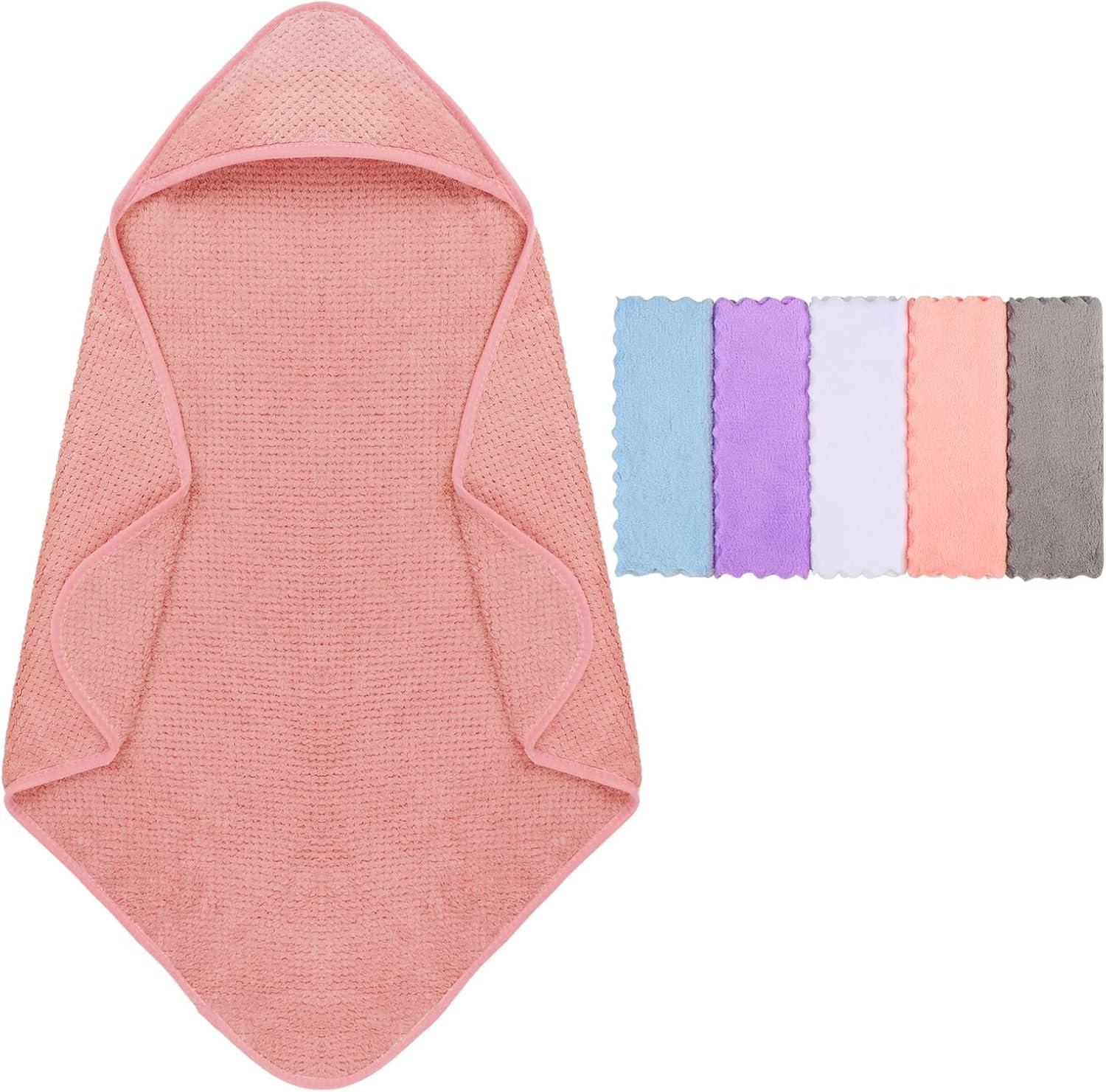 Orighty Baby Hooded Towel with Five Washcloths, 28 x 28 Inch Super Soft Bath Towel with Hood for Babies, Infant, Newborn Essential – Ideal Baby Stuff Registry for Boys and Girls (Pink)
