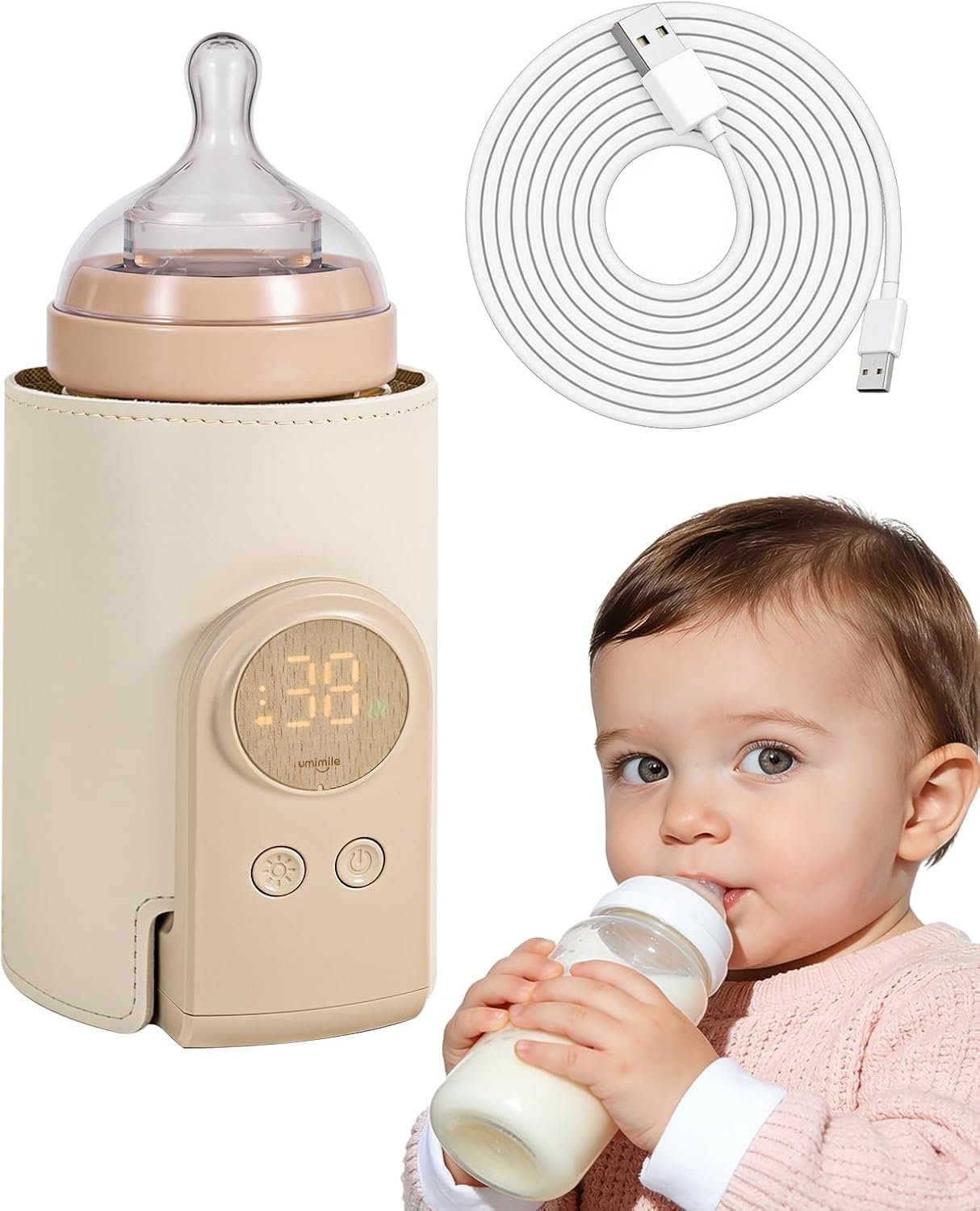 Umimile Portable Bottle Warmer for Travel – Heats the Bottle Directly—No Pouring, Fast Heating Baby Bottle Warmer on The Go, 6 Temp Settings & Auto Keep-Warm,Fits 2.5-3.3in Bottles (Beige)