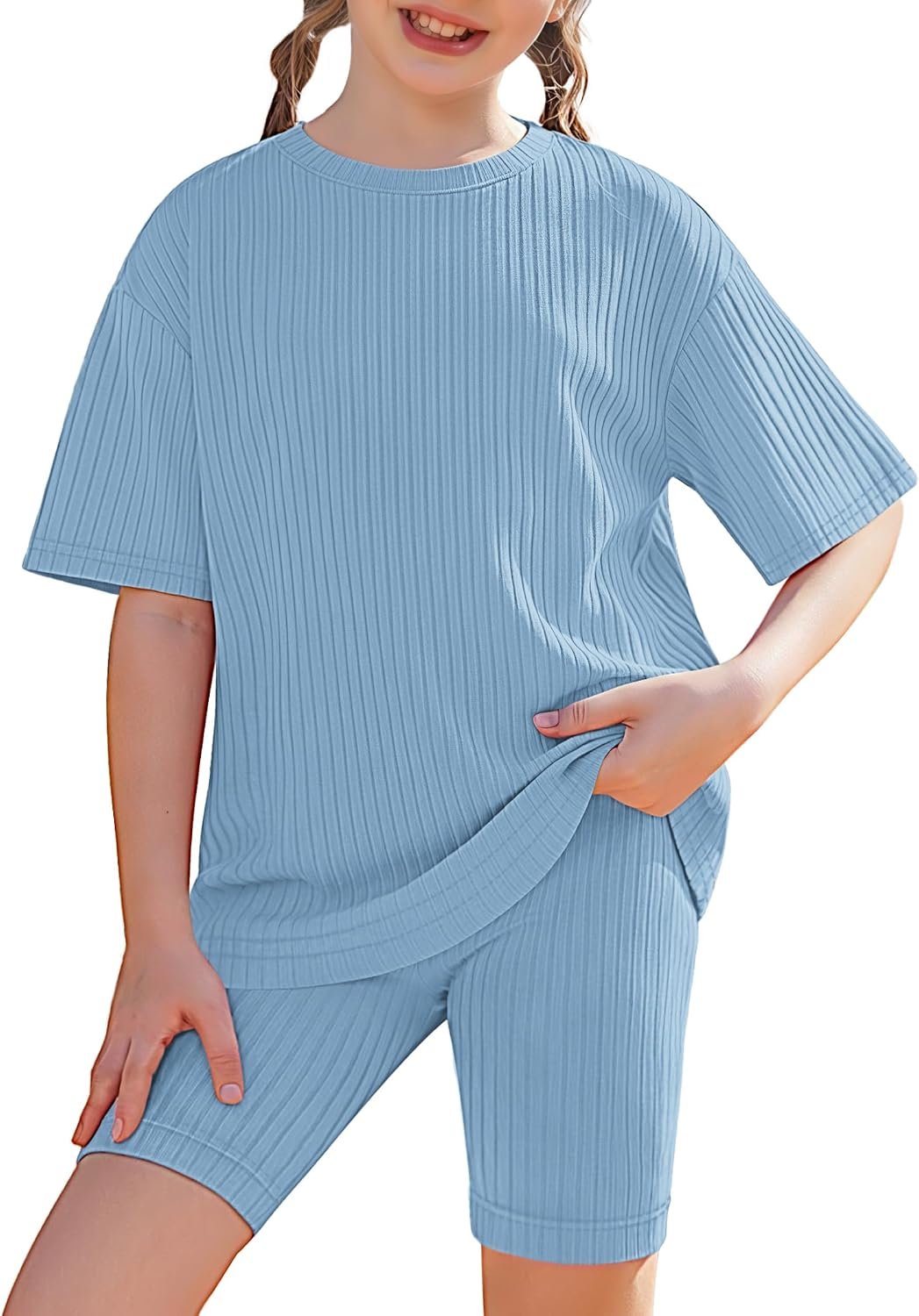Arshiner Girls Summer Outfits 2 Piece Set Ribbed Knit Drop Shoulder Shirts and Biker Shorts Sets Kids Clothes 5-13 Y