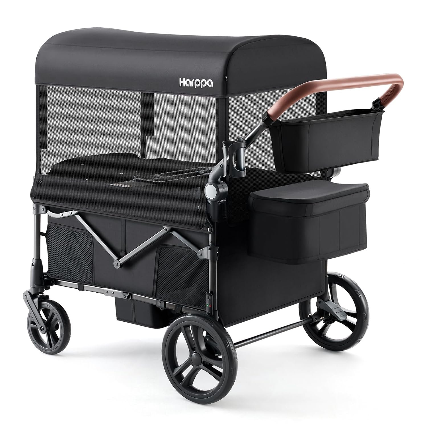 Harppa Remy Wagon Stroller for 4 Kids, Foldable 4-Seater Stroller Wagon with Mosquito Net Canopy,Snack Tray, All-Terrain 11.5″ Wheels, 280Ibs Capacity for Growing Family Outings Black