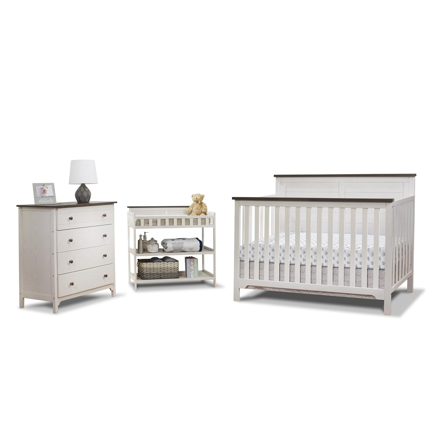 Sorelle Furniture Farmhouse 3-Piece Nursery Set with 4-in-1 Convertible Crib, 4-Drawer Dresser, and Changing Table with Shelves, Baby Furniture Made of Wood, Non-Toxic Finish-Chocolate and White