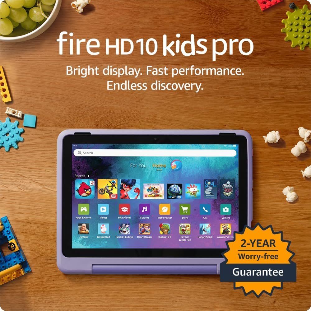Amazon Fire HD 10 Kids Pro tablet, ages 6-12. Bright 10.1″ HD screen, includes ad-free content, robust parental controls, 13-hr battery and slim case for older kids, 32 GB, Happy Day