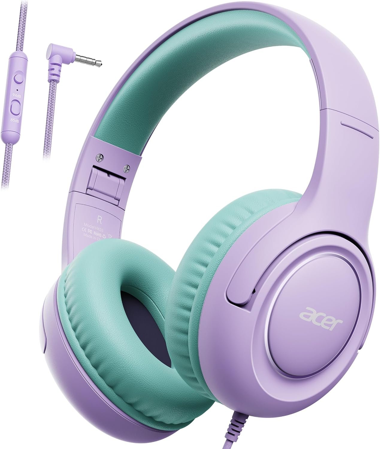 acer Kids Headphones – Over-Ear 85/94dB Volume Limiter, 3.5mm Jack Foldable Stereo Sound Headset for Toddlers Girls Boy Travel Learning Entertainment Tablet Kindle iPad PC Purple Green, HK03