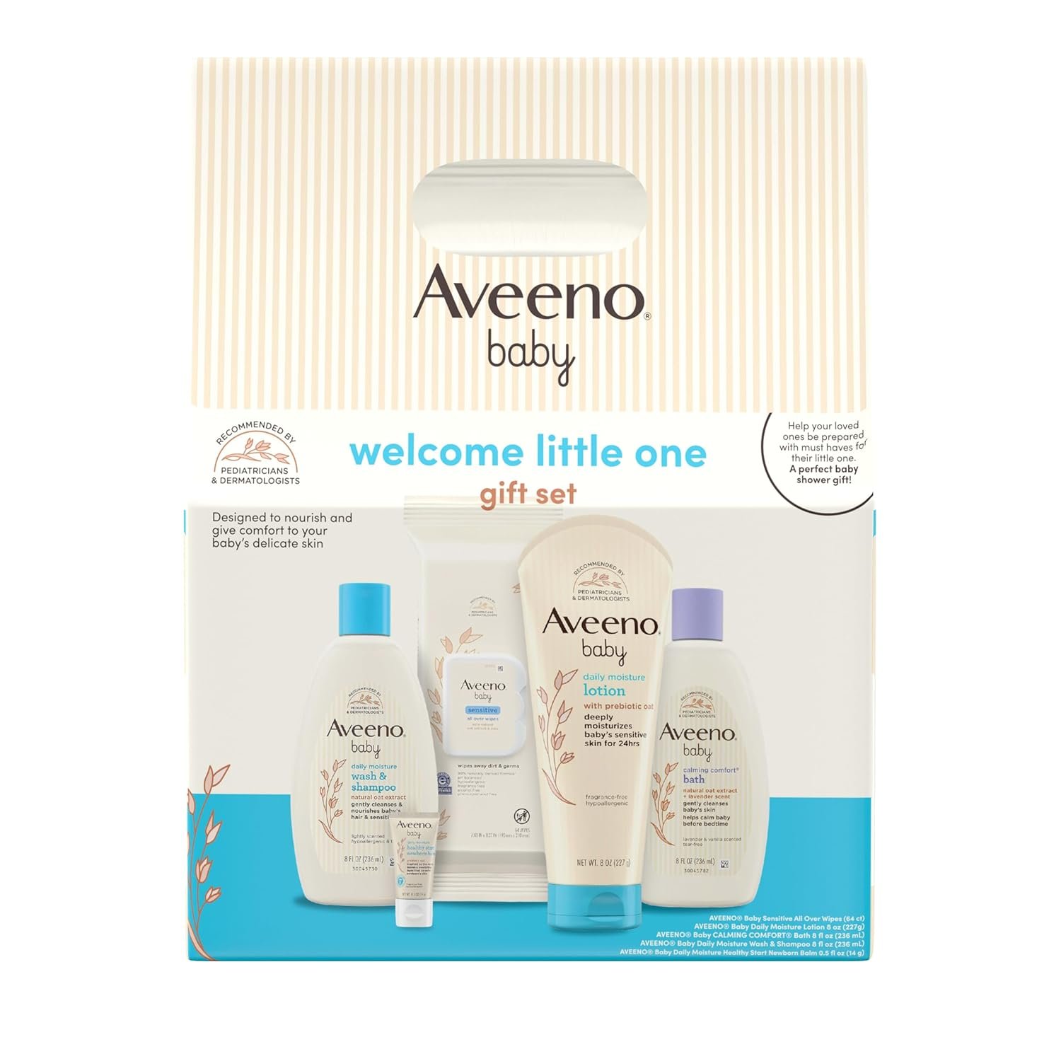 Aveeno Baby Welcome Little One Gift Set, Baby Essentials Set with Daily Moisture Wash and Shampoo, Calming Comfort Bath, Sensitive All Over Wipes, Body Lotion, & Healthy Start Balm, 5 Items