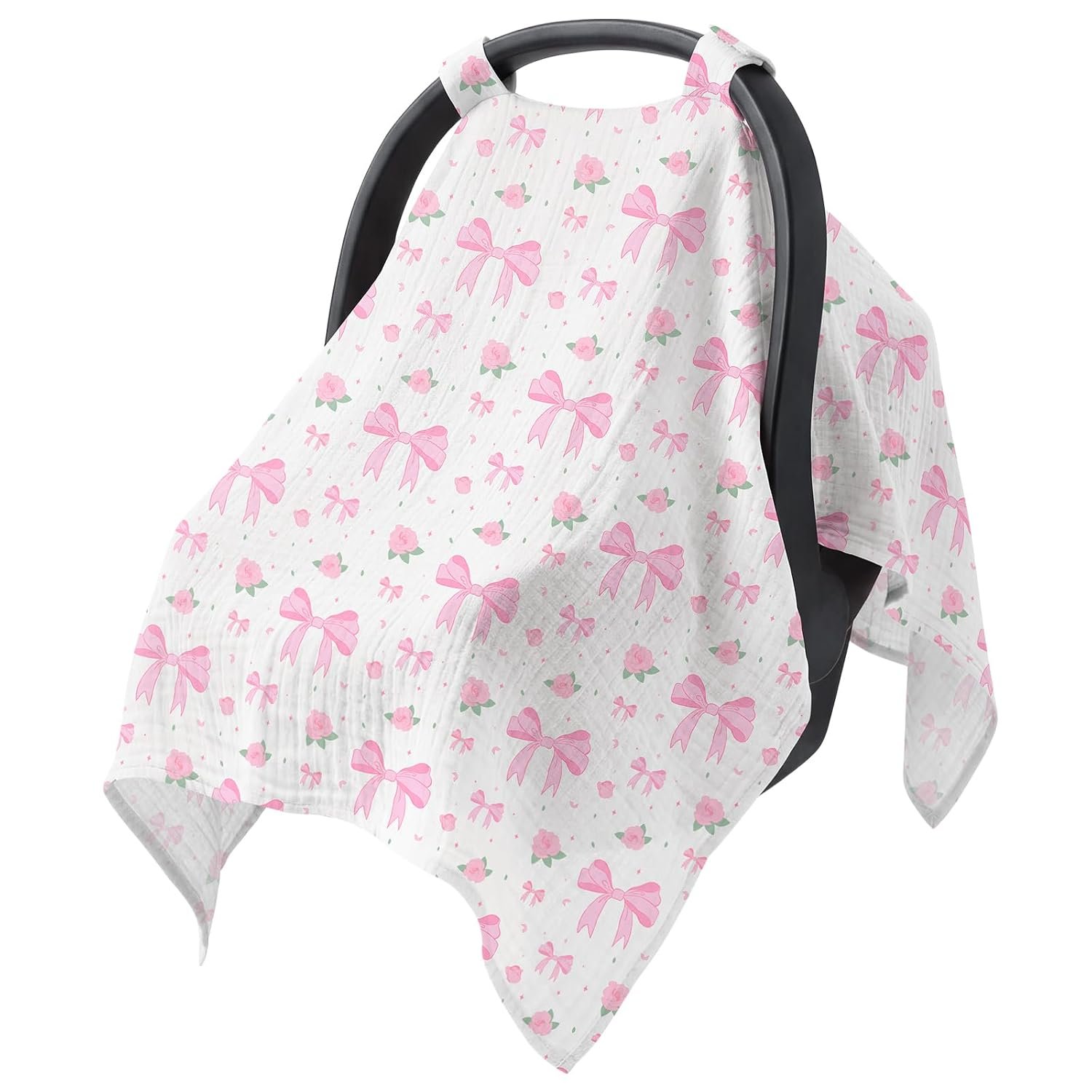 Baby Car Seat Cover – 100% Muslin Cotton Universal Breathable Canopies for Boys and Girls Soft Spring Summer Car Seat Cover Lightweight Infant Car Seat Canopy – Pink Bows