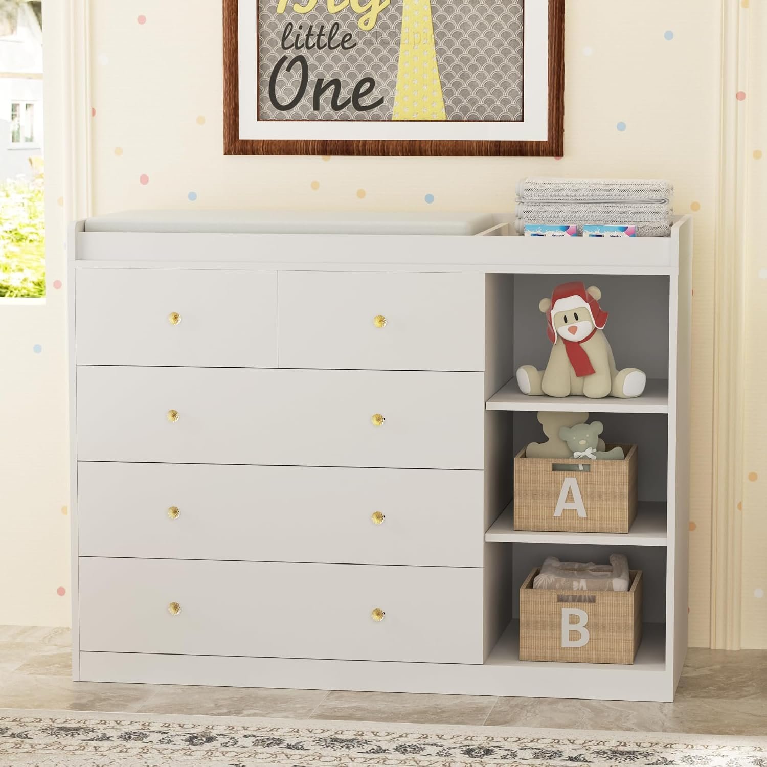 Baby Dresser Changing Table with 5 Drawers Waterproof Diaper Changing Station with 3 Storage Shelves Nursery Organizer for Infant and Newborn White (47.2″ W x 19.6″ D x 36.2″ H)