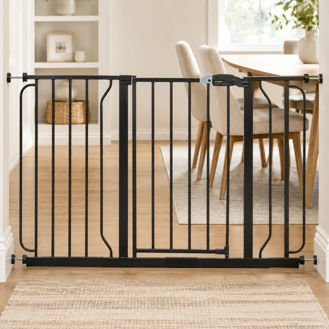 Regalo Safety 29-49″ Easy Step Extra Wide Baby Gate for Doorways & Bottom of Stairs, Pressure Mounted Safety Gate with Door for Babies, Toddlers & Pets, Black