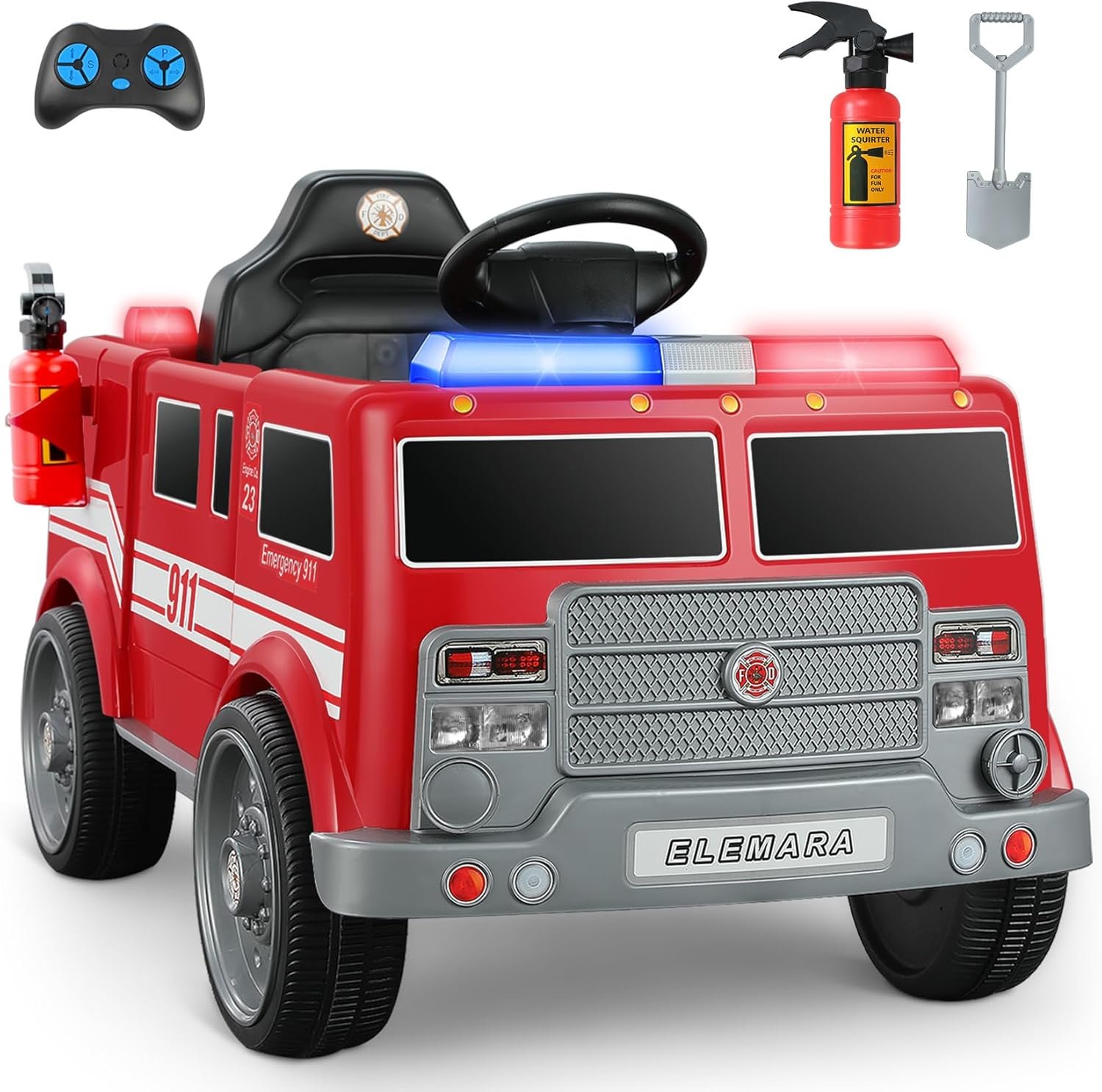 ELEMARA 12V Ride on Fire Truck, Battery Powered Toddler Electric Vehicle w/Parent Remote Control,Ride on Car for Kids,Siren-Call,walkie-talkies, Flashing Lights,Fire Extinguishers, Bluetooth,Music,UBS