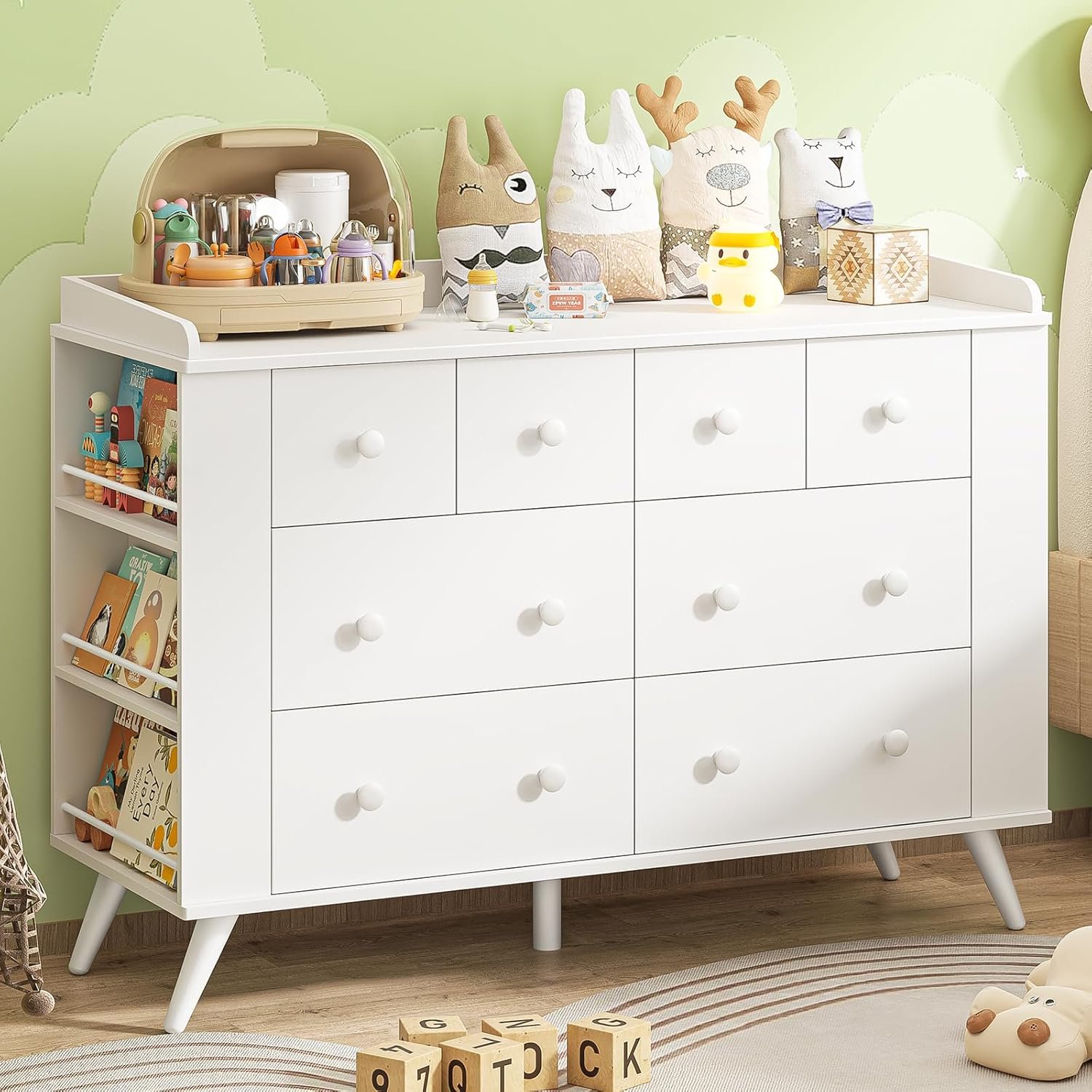 Vabches Kids Dresser Cabinet with 8 Drawers, Changing Table for Nursery, White Chest of Drawers with Open Shelving, Baby Dresser, Kids Bedroom Furniture, Nightstand for Child’ s Room, White