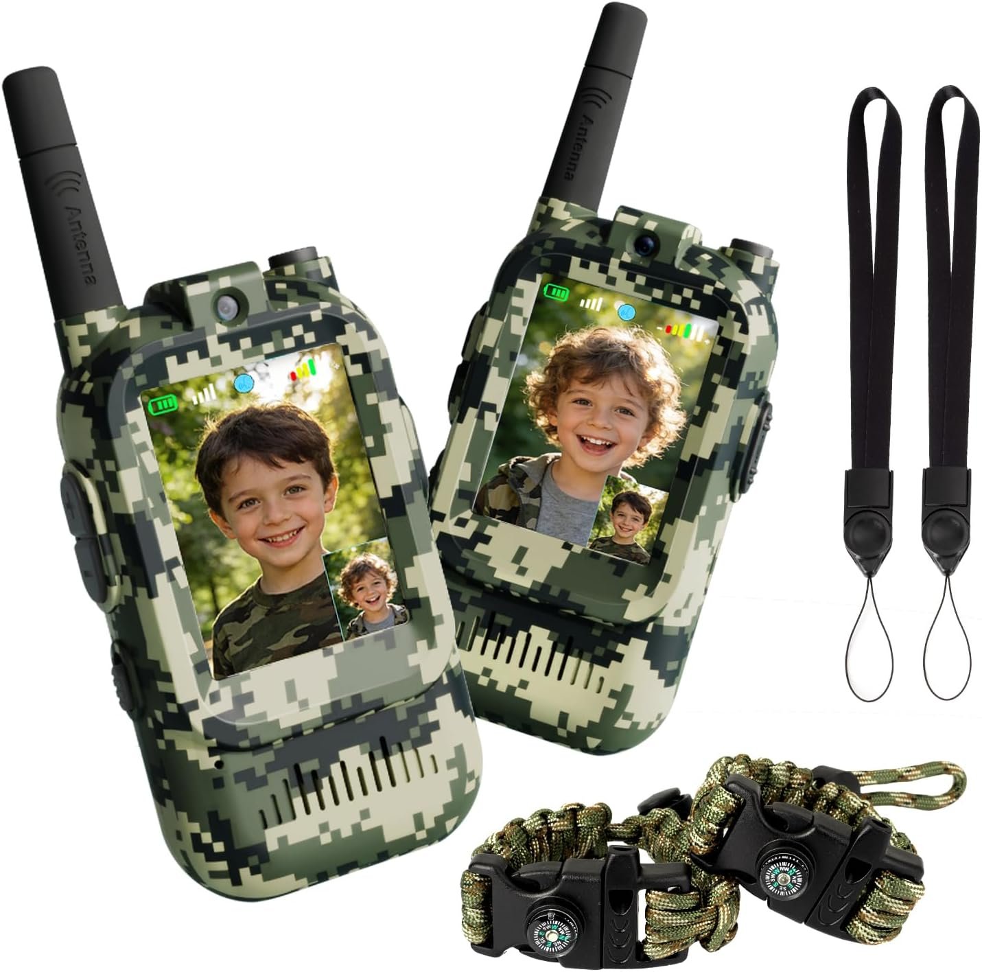 Video Walkie Talkies for Kids, 2 Pack Camo 2 Way Radio Toys for 3-12 Year Old Boys, Long Range Handheld Walkie Talkie for Outdoor Camping Hiking, Best Birthday Gifts (Camo Green)
