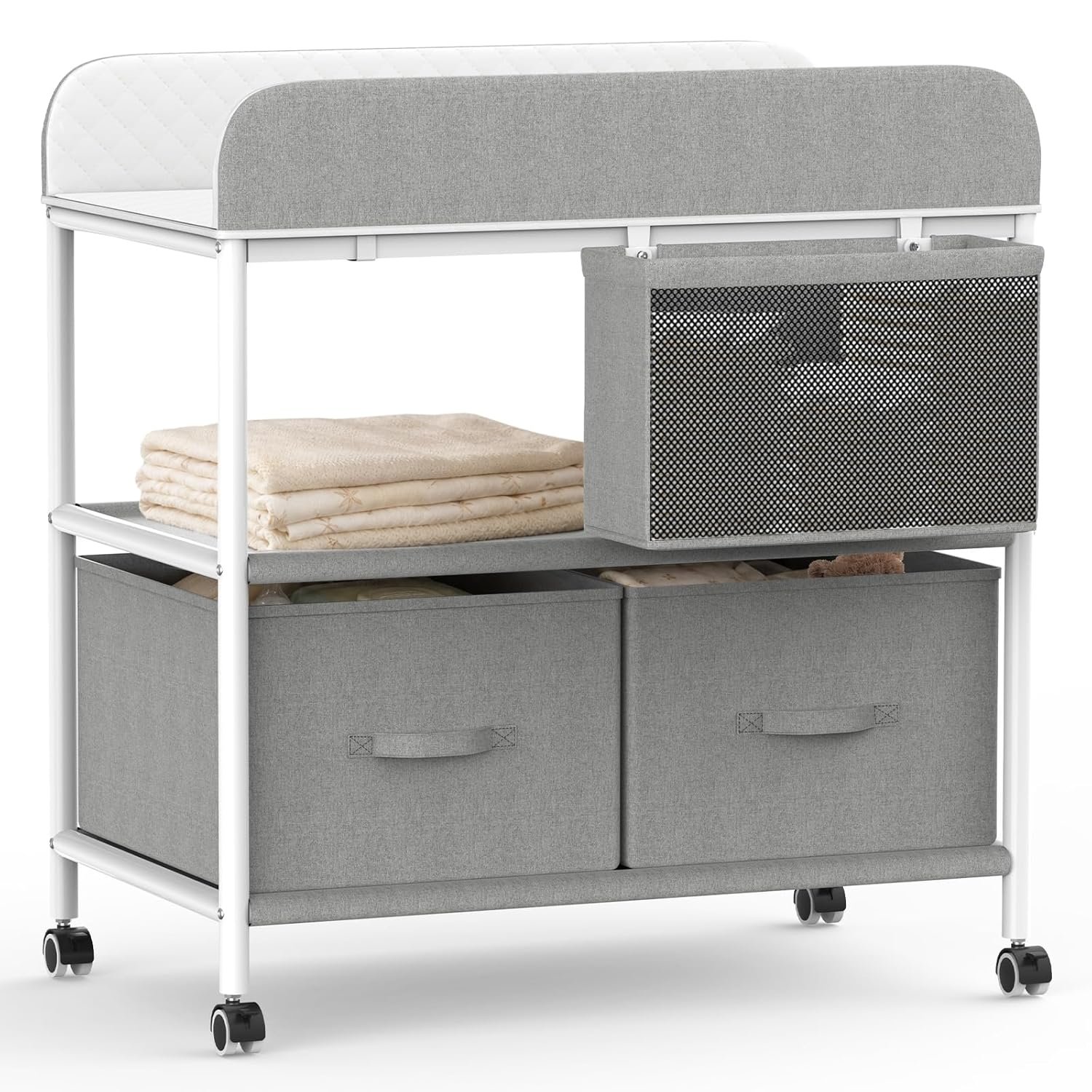 Baby Changing Table, Portable Diaper Changing Station, Changing Table with Wheels, Waterproof Changing Pad, Removable Storage Baskets & Safety Belt, Mobile Nursery Organizer for Newborns
