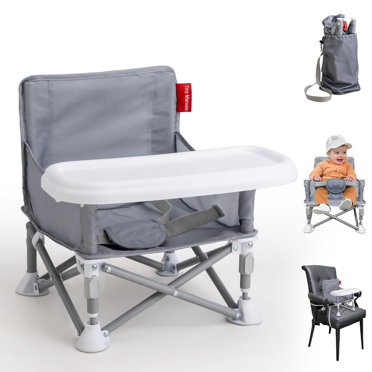 Tiny Marvels Portable Booster Seat, Foldable Baby High Chair with Removable Tray, Safety Harness & Carry Bag – for Toddlers Ages 6M-3Y, Ideal for Dining, Travel, Camping & Family Time