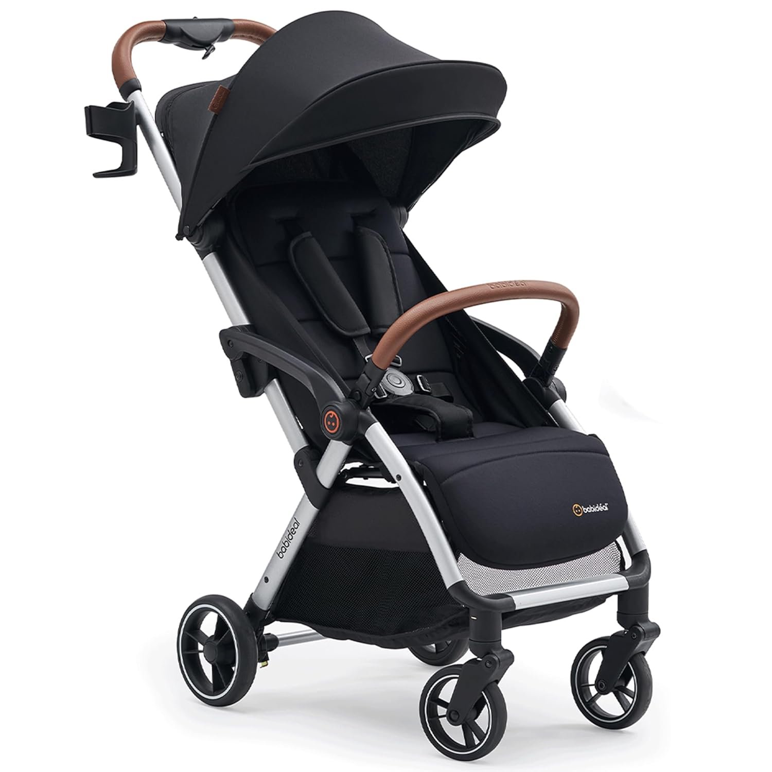 Babideal Lightweight Travel Stroller for Baby, Self-Folding Toddler Stroller with Large Canopy, One-Hand Operated Reclining Seat, Cup Holder Included – Newborn to 50lbs. (Black)