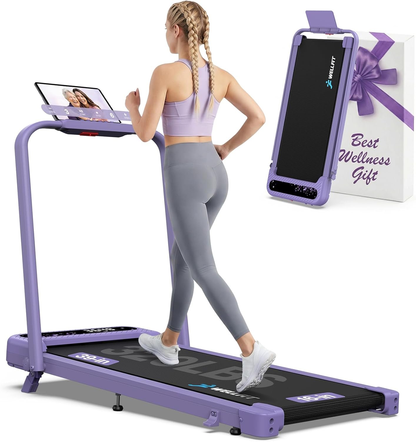 WELLFIT Folding Treadmill with Handlebar, 320 LBS Incline Walking Pad, Quiet Under Desk Treadmill for Home Office, APP & Voice Control, No Assembly Compact Foldable Treadmills, Purple Gift for Women