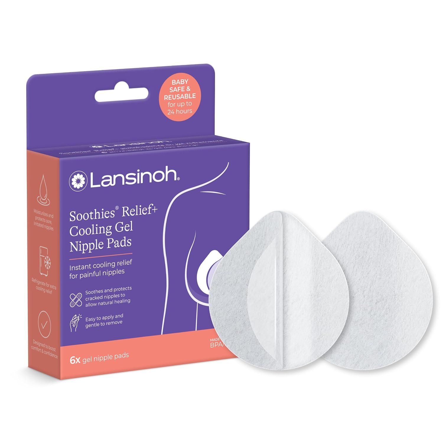 Lansinoh Soothies Cooling Gel Nipple Pads, Reusable Hydrogel Pads for New Moms, Soft & Gentle Breastfeeding Essentials, 6 Count