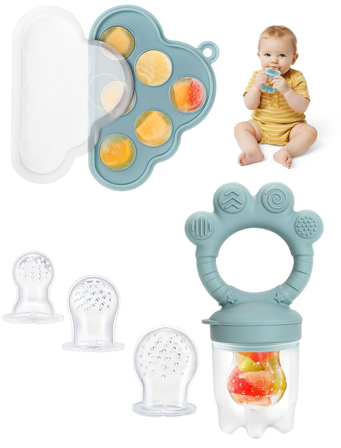 4-in-1 Baby Breastmilk Popsicle Molds & Fruit Feeder, Silicone Teething Pacifier for Toddlers, Easy-Clean Self-Feeding Storage Containers for Infants (Blue)
