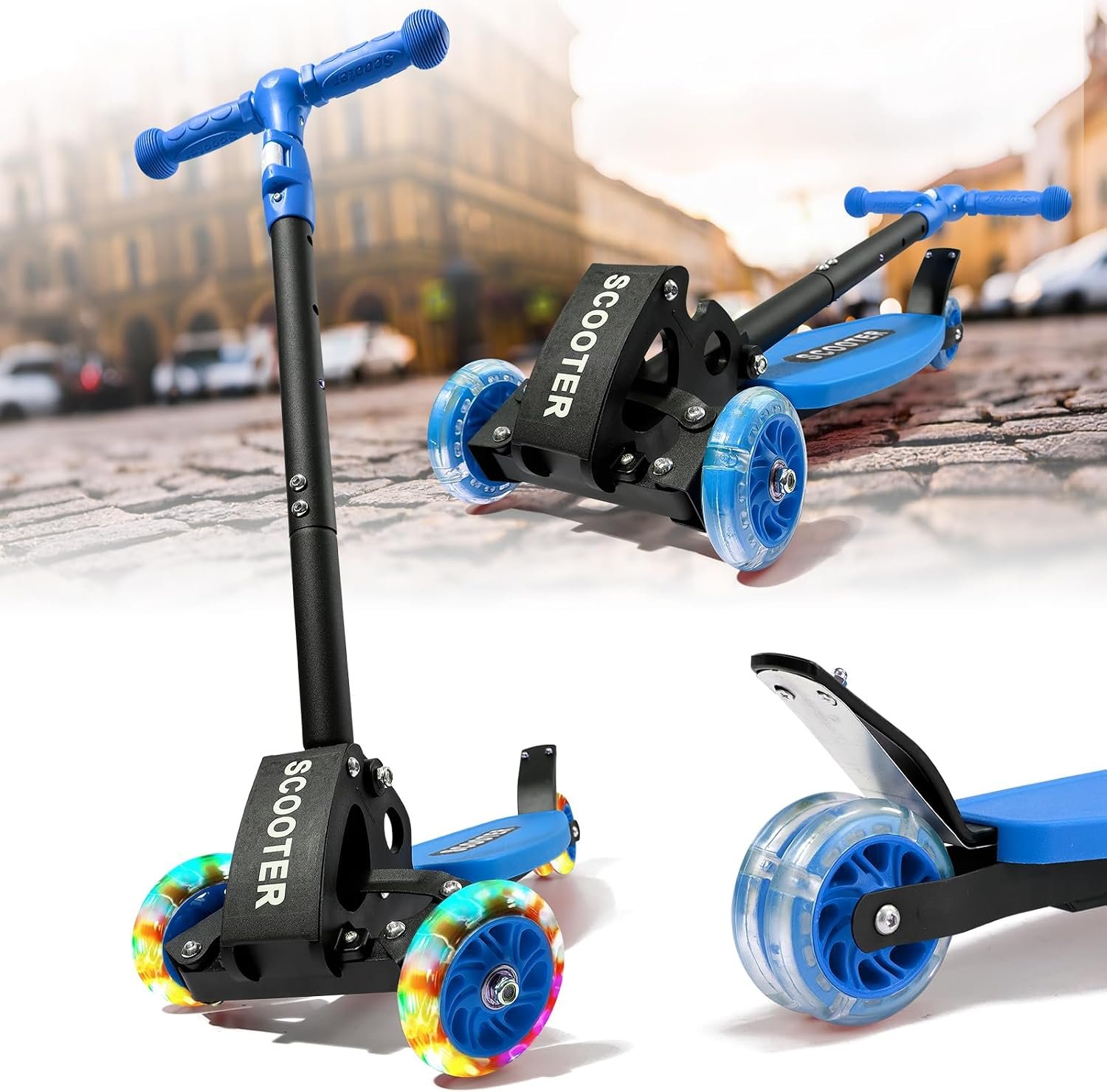 Kick Scooters for Kids 5-7 8-12,Lean to Steer,Three Wheeled Light Up,28″-32″ Adjustable Handlebar,Widen Anti-Slip Deck,Floor Push Scooter for Boys Girls Ages 6-12 3-4 Old,Foldable for Travel