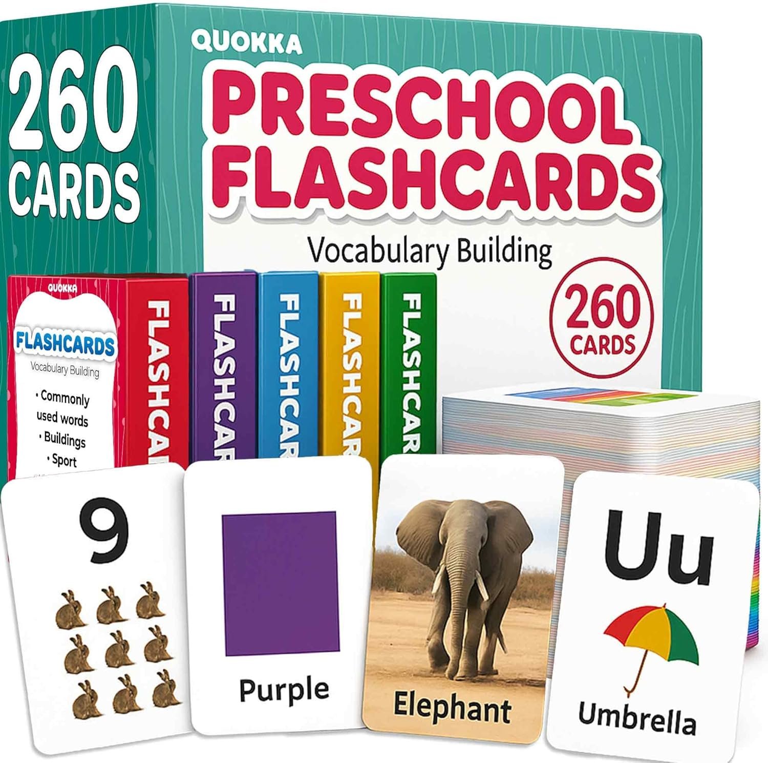 QUOKKA 260 Flash Cards for Kids Ages 3-5 with Realistic Images – Pre K Flash Cards Age 4-5 for Toddlers & Preschool, Alphabet, Numbers, Shapes, etc with 30 Learning Activities Color-Coded for Sorting