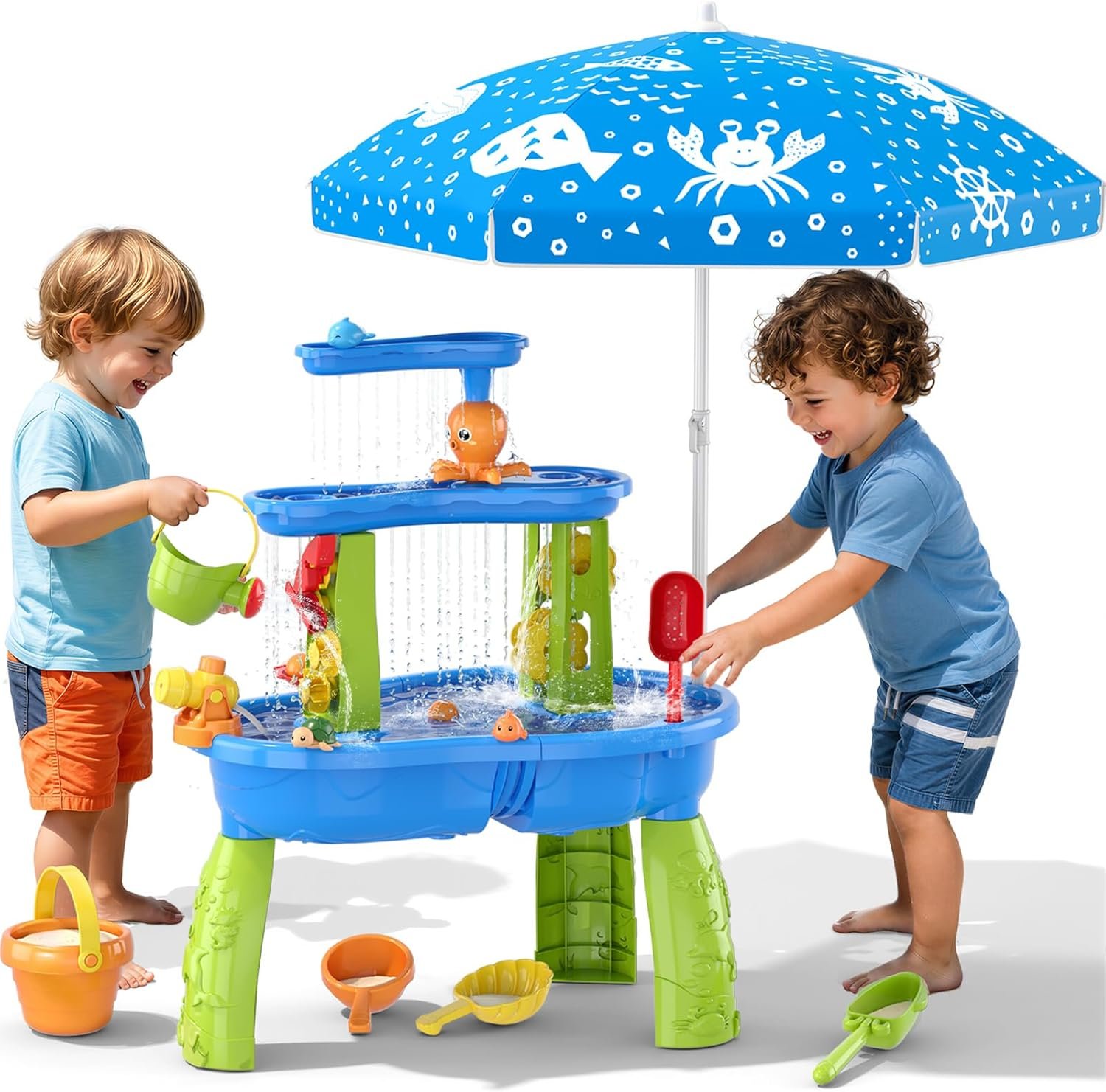 Wee Wonders 3-Tier Water Table for Toddlers, Kids Sand Water Table with Adjustable Umbrella, Sand Toys & Fishing Game, Sensory Table Activity Playset for Outdoor Beach, Summer Toys for Boys Girls 3-5