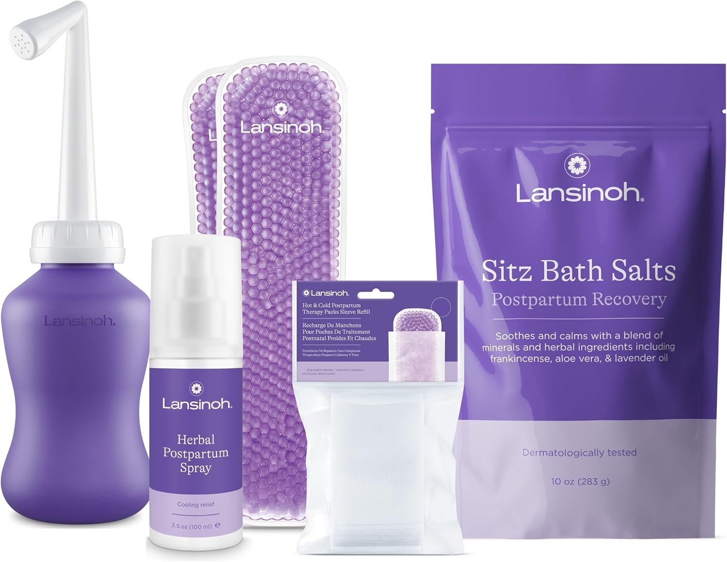 Lansinoh Postpartum Essentials Kit + Sitz Bath Salts, Postpartum Essentials, Postpartum Care Kit for Mom, Soothing & Calming Epsom Salts with Lavender Oil, Frankincense & Aloe Vera