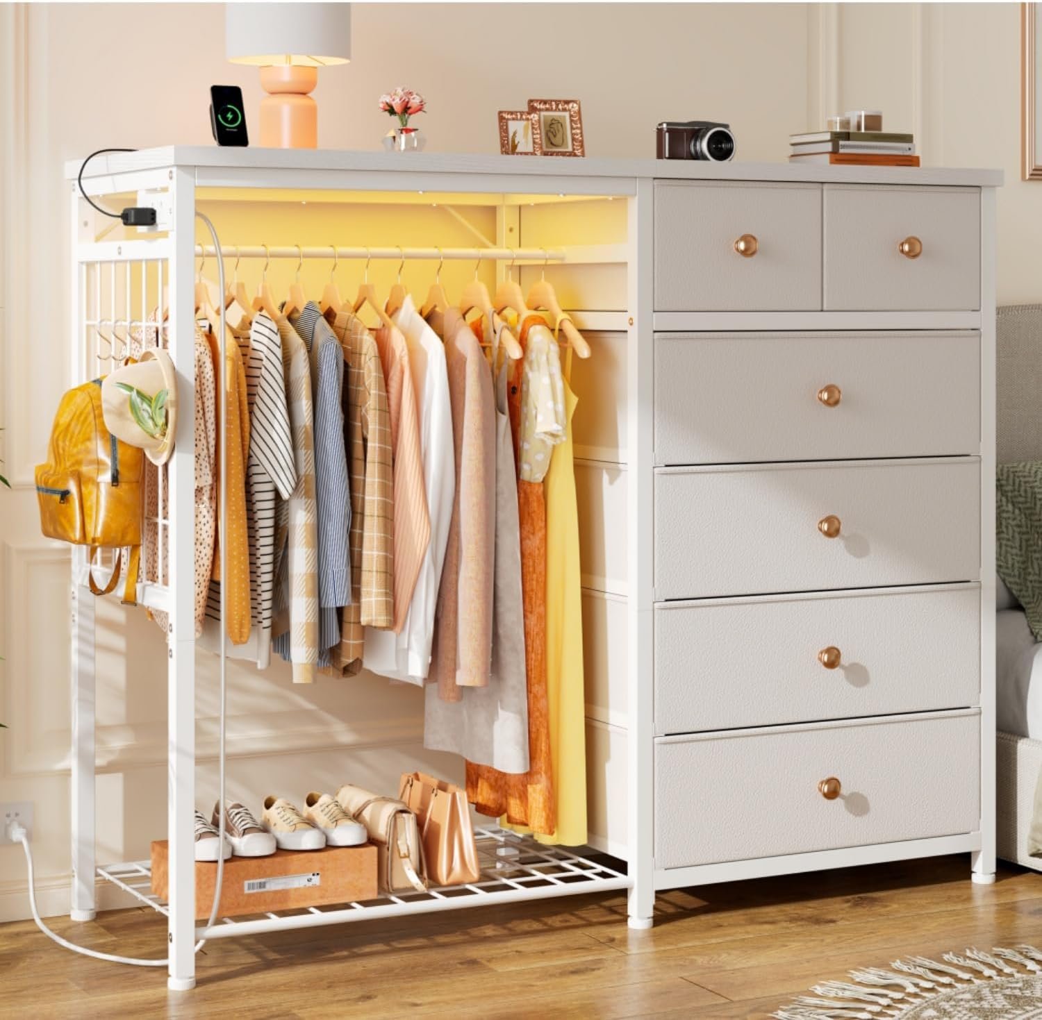 EnHomee 49.2″ W Dresser with Hanging Rack & 6 Fabric Drawers for Bedroom, Featuring LED Lights and Charging Station, White Fabric Dressers & Chest of Drawers with Grid Panel & 4 Hooks, Wooden Top