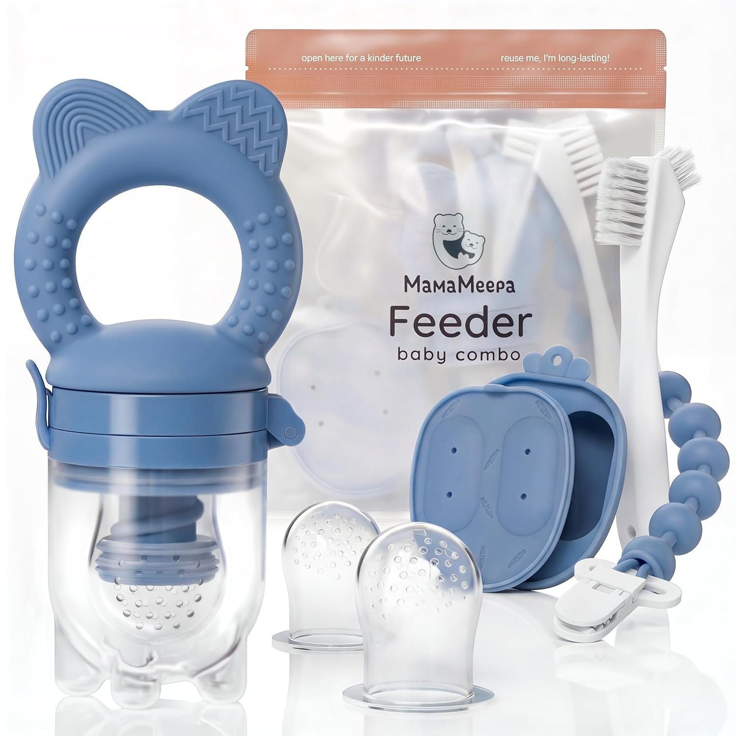 Baby Fruit Feeder & Popsicle Molds Set – Baby Food Feeder Nibbler, Breastmilk Popsicle Molds, Grip Handle, Safety Strap & Cleaning Brush – Feeding Essentials 6–12 Months (Blue)