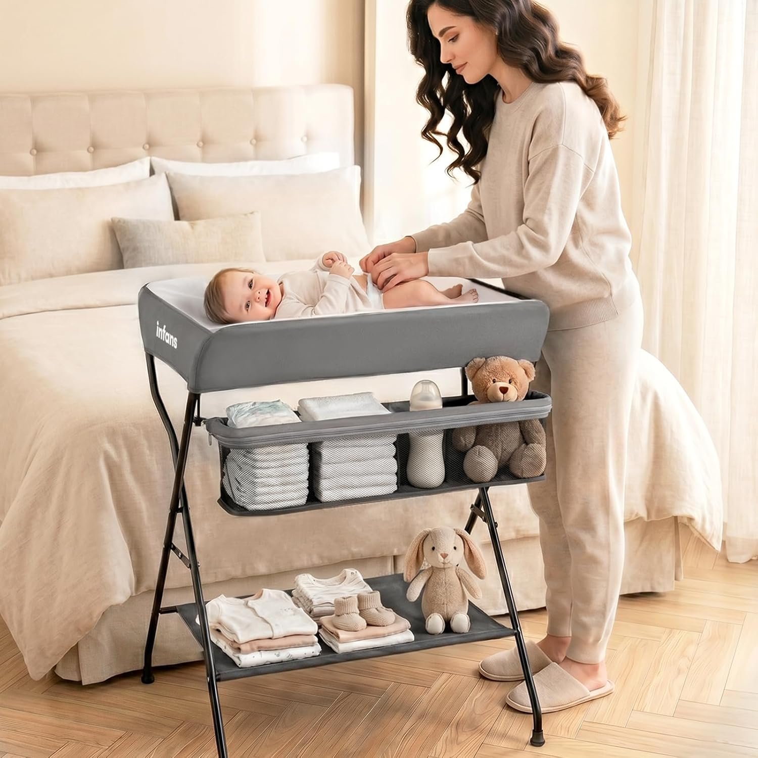 INFANS Baby Changing Table, Folding Diaper Station Portable Nursery Organizer with Safety Belt and Large Storage Racks for Newborn Baby and Infant (Grey)
