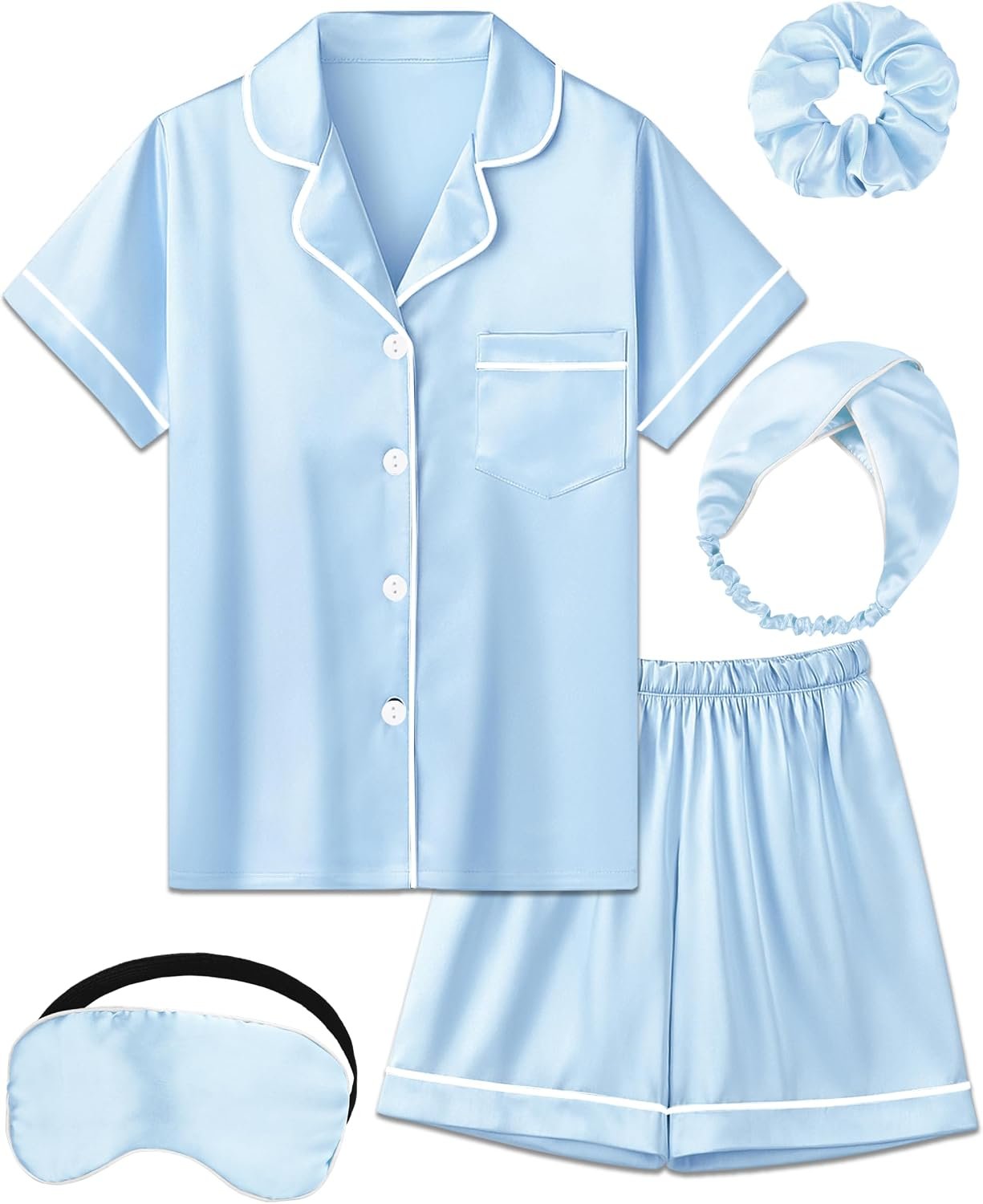 Kids Girl Pajama Set with Headband Blindfold Hair Tie Toddler Boy Girl Satin Silky Button-up Pajama Sleepwear