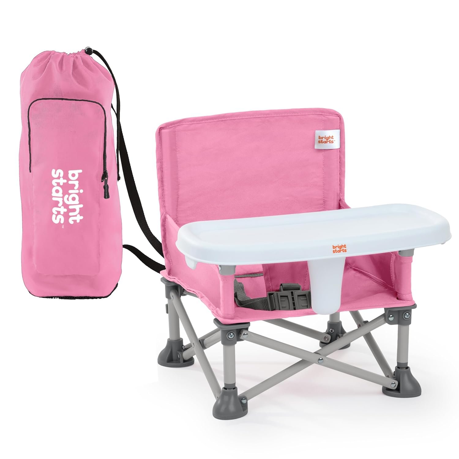 Bright Starts Pop ‘N Sit Portable Booster, Indoor/Outdoor Use, Floor Seat with Feeding Tray, Pink, 6 Mos – 3 Yrs