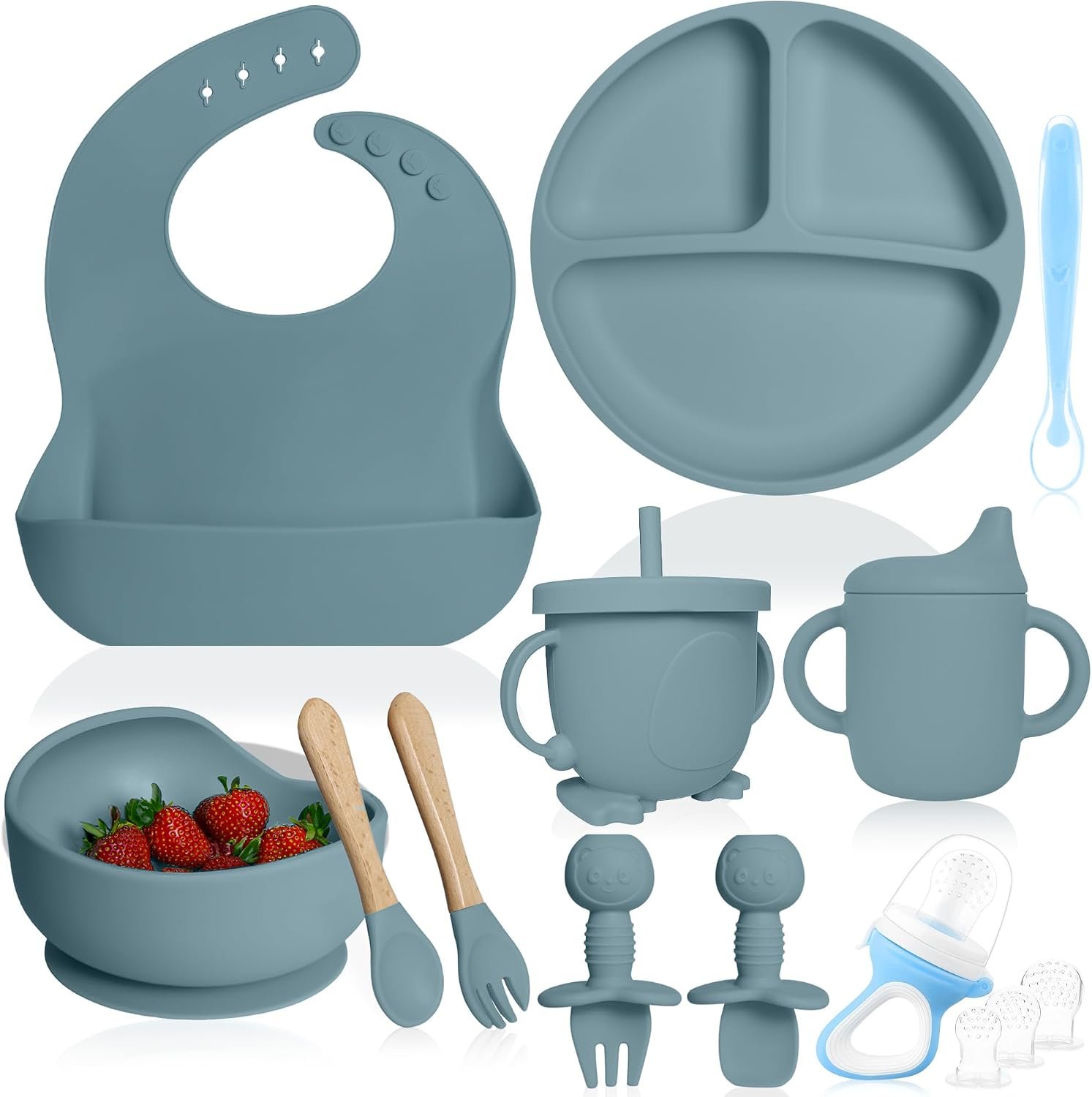 Bluet B- Silicone Baby Feeding Set with Pacifier – Baby Led Weaning Supplies – Baby Spoons, Suction Bowl – Plate – Baby Utensils Set – Silicone Feeding Set for Baby First Foods – 11pcs – Blue