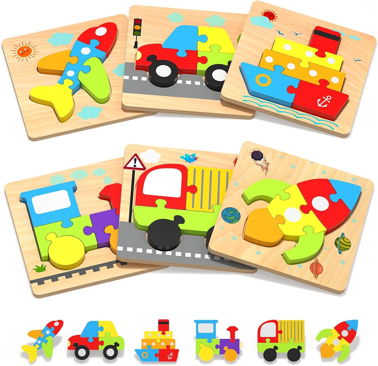 Yetonamr Wooden Toddler Puzzles Gifts Toys for 1 2 3 Years Old Boys Girls, 6 Vehicle Shape Montessori Toys Educational Blocks Kids Toys Gift Baby Learning Toy Age 1-3, 2-4